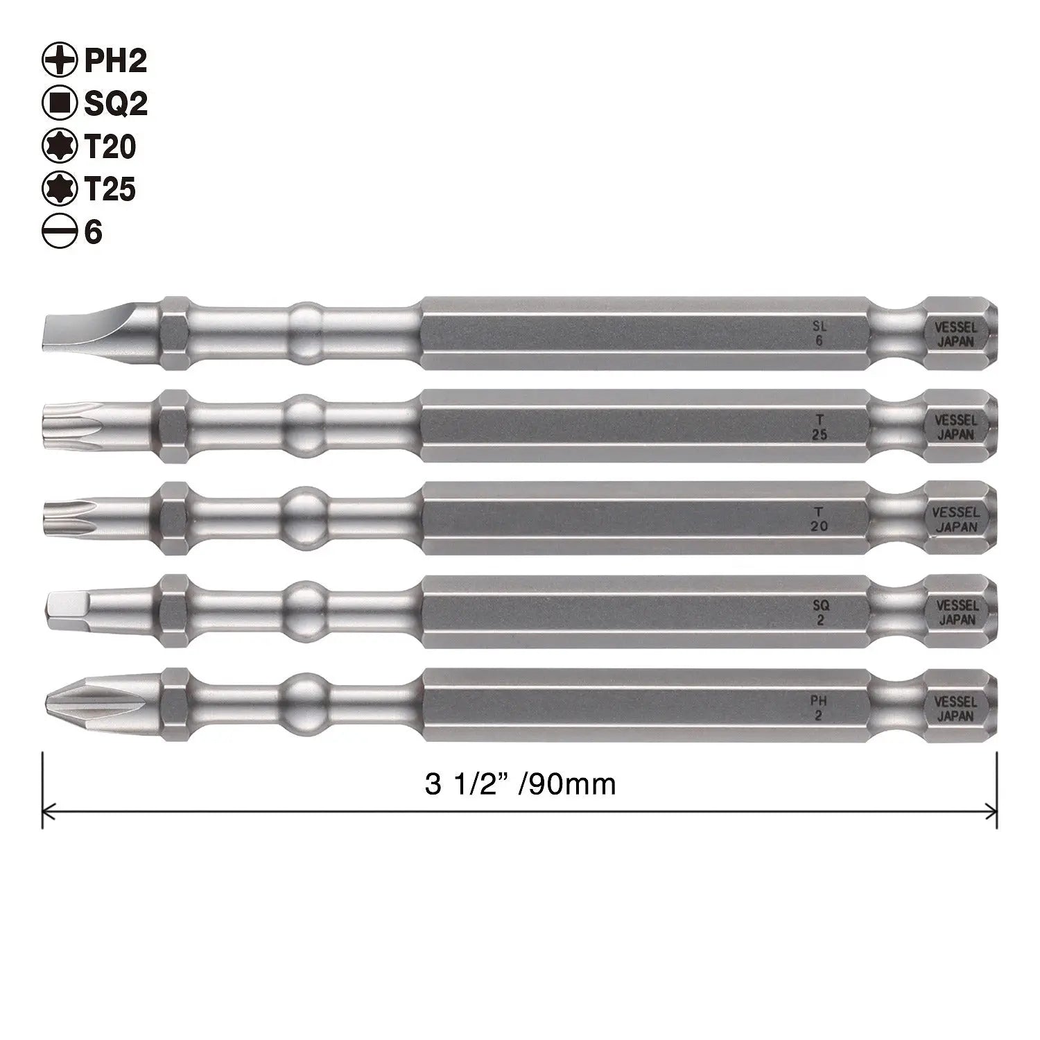 Vessel Tools Set of 5 Impact Ball Torsion Bit with Magnetic Charge Holder, PH2, Slotted6, SQ2, T20, T25 x 90mm - VL IBMG90K002 Vessel Tools