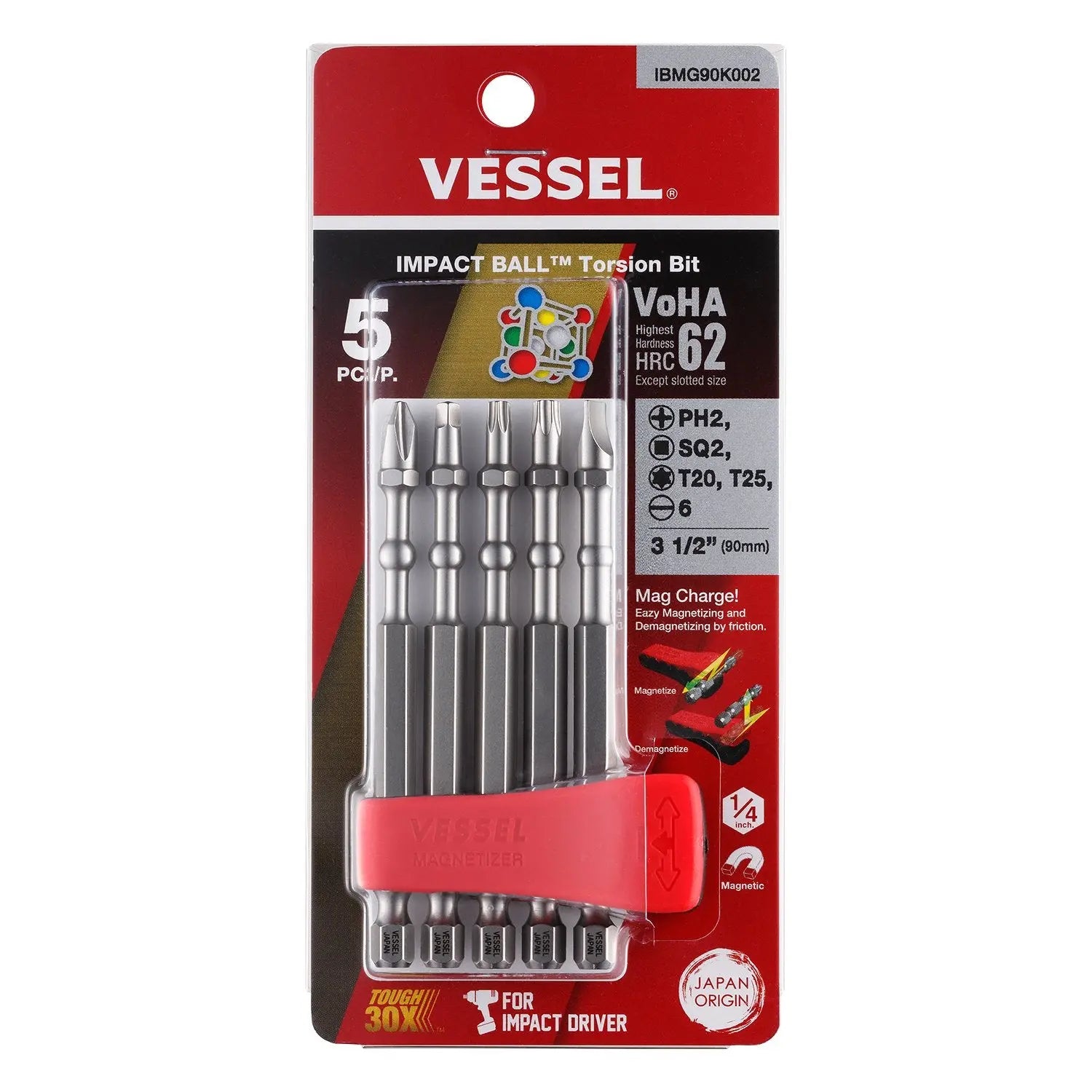 Vessel Tools Set of 5 Impact Ball Torsion Bit with Magnetic Charge Holder, PH2, Slotted6, SQ2, T20, T25 x 90mm - VL IBMG90K002 Vessel Tools