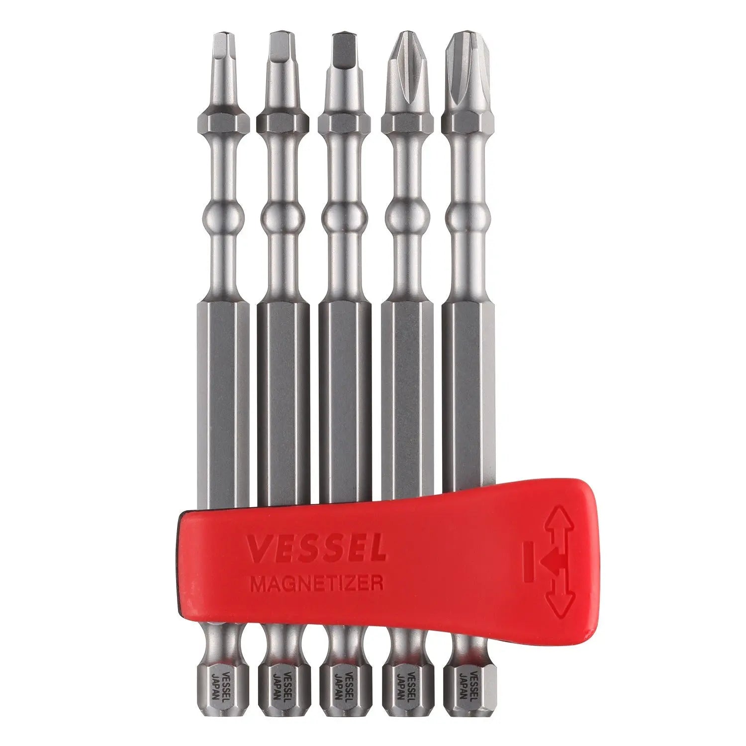 Vessel Tools Set of 5 Impact Ball Torsion Bit with Magnetic Charge Holder, PH2, PH3, SQ1, SQ2, SQ3 x 90mm - VL IBMG90K003 Vessel Tools