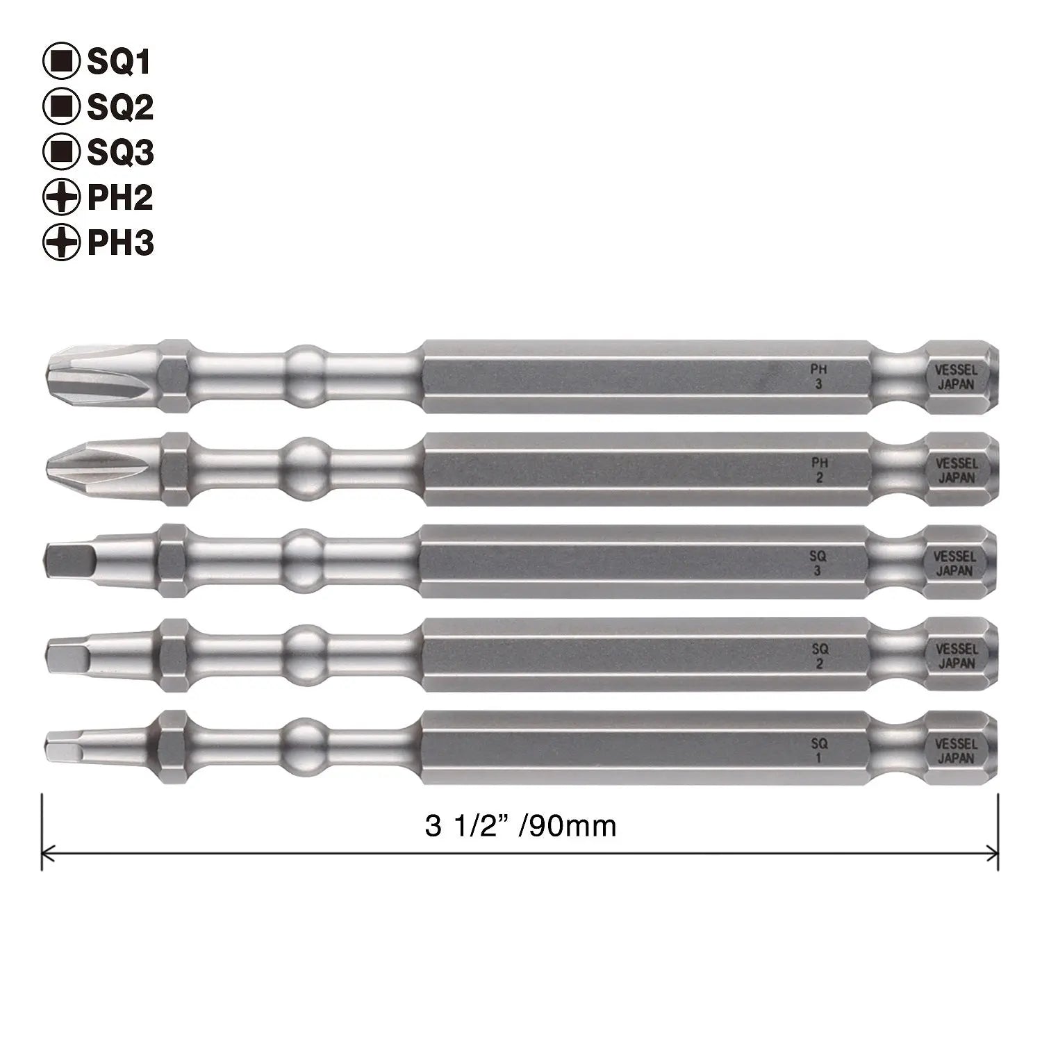 Vessel Tools Set of 5 Impact Ball Torsion Bit with Magnetic Charge Holder, PH2, PH3, SQ1, SQ2, SQ3 x 90mm - VL IBMG90K003 Vessel Tools