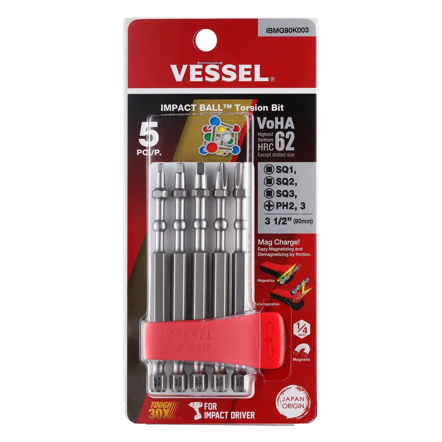 Vessel Tools Set of 5 Impact Ball Torsion Bit with Magnetic Charge Holder, PH2, PH3, SQ1, SQ2, SQ3 x 90mm - VL IBMG90K003 Vessel Tools