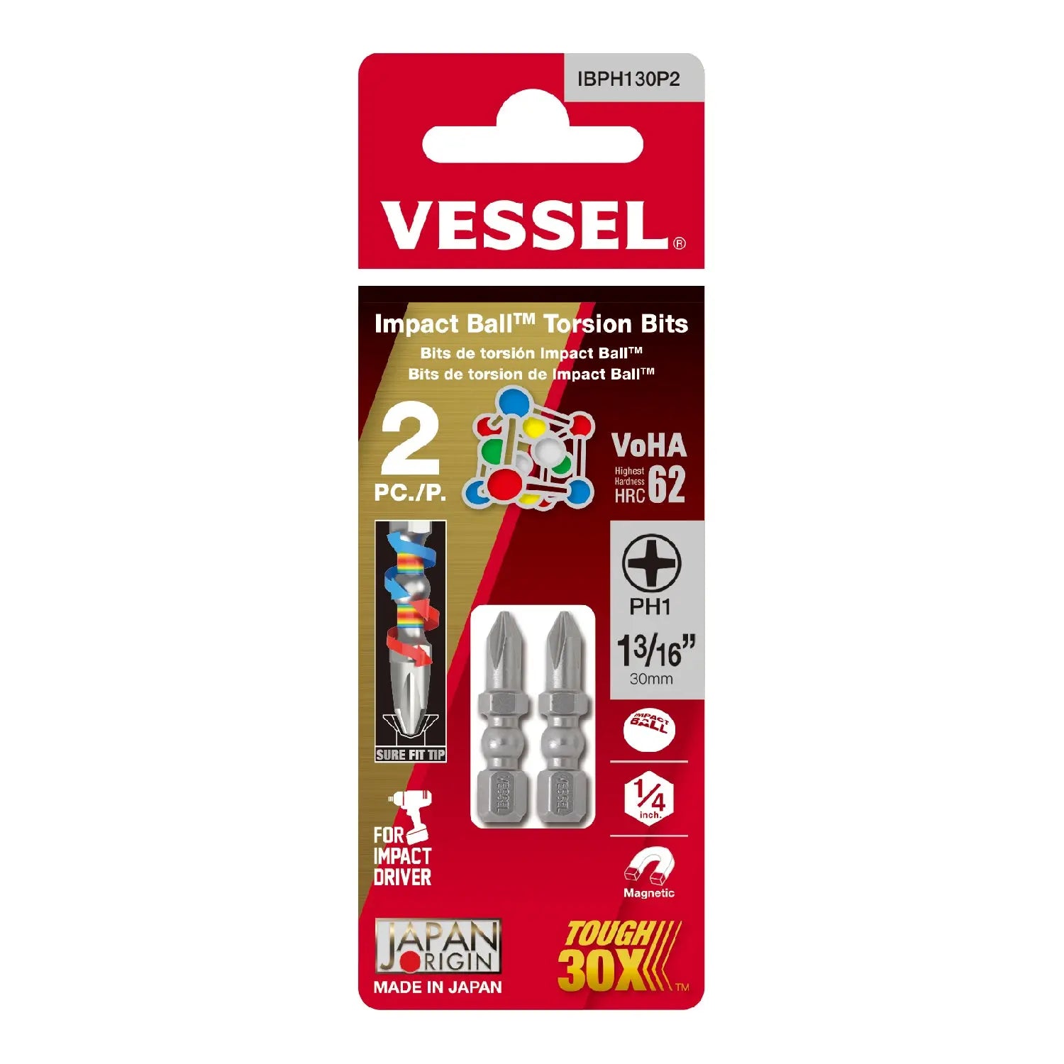 Vessel Tools Set of 2 Impact Ball Torsion Bit, PH1 x 30mm - VL IBPH130P2 Vessel Tools