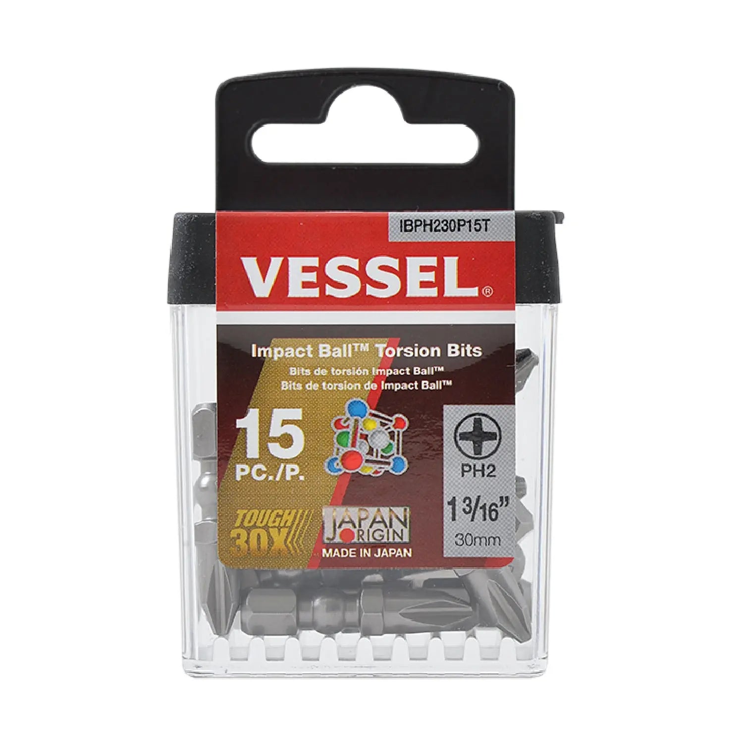 Vessel Tools Set of 15 Impact Ball Torsion Bit with Case, PH2 x 30mm - VL IBPH230P15T Vessel Tools