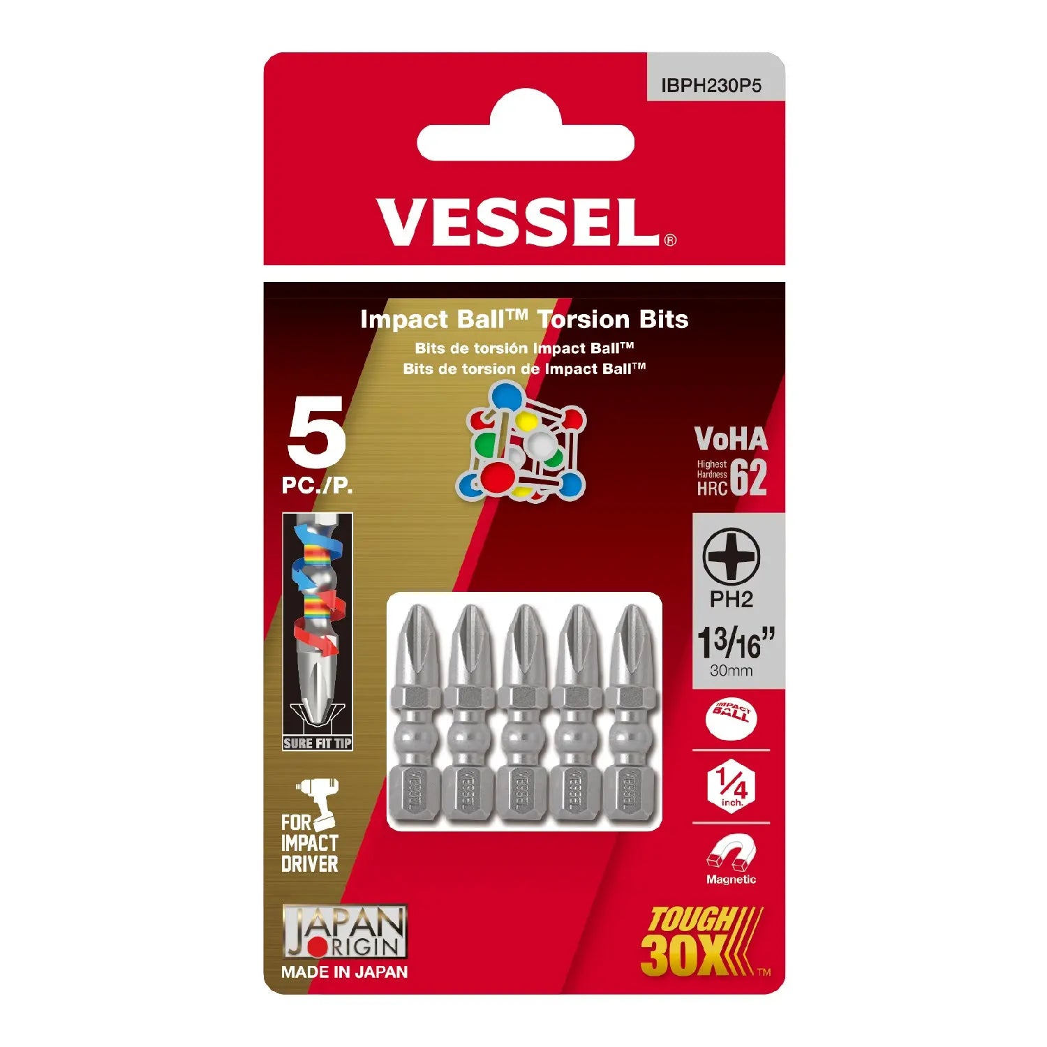 Vessel Tools Set of 5 Impact Ball Torsion Bit, PH2 x 30mm - VL IBPH230P5 Vessel Tools