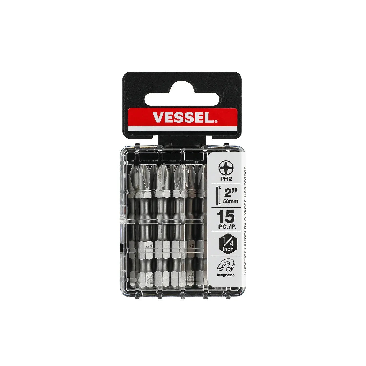 Vessel Tools Set of 15 Impact Ball Torsion Bit with Case, PH2 x 50mm - VL IBPH250P15T Vessel Tools