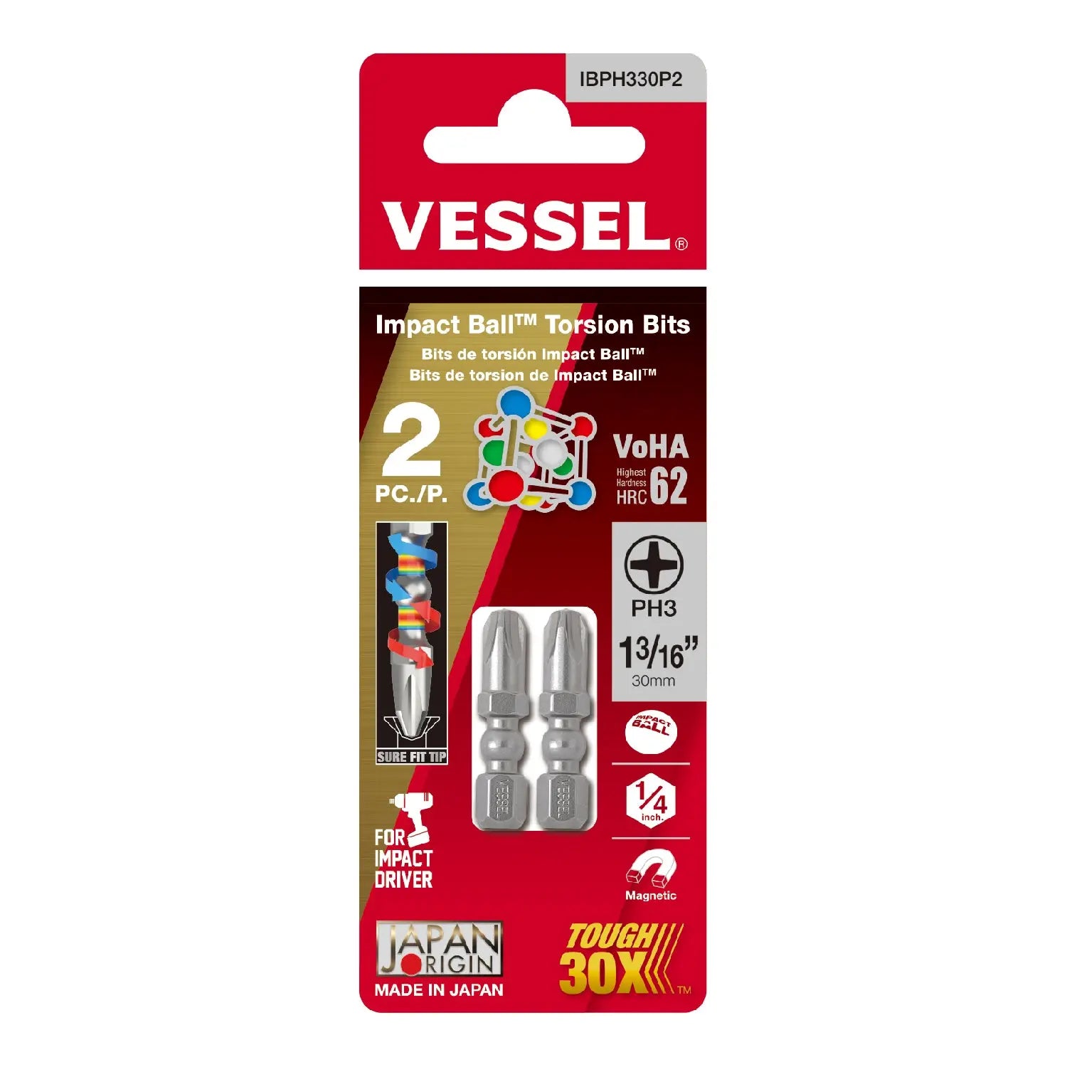 Vessel Tools Set of 2 Impact Ball Torsion Bit, PH3 x 30mm - VL IBPH330P2 Vessel Tools