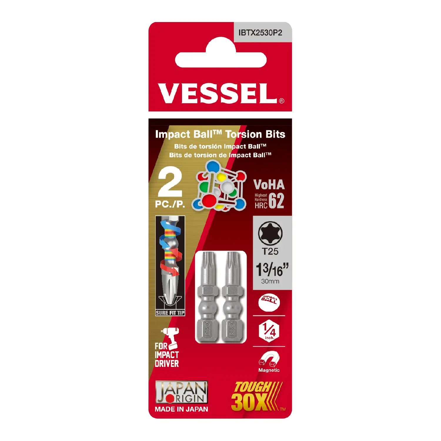 Vessel Tools Set of 2 Impact Ball Torsion Bit, T25 x 30mm - VL IBTX2530P2 Vessel Tools