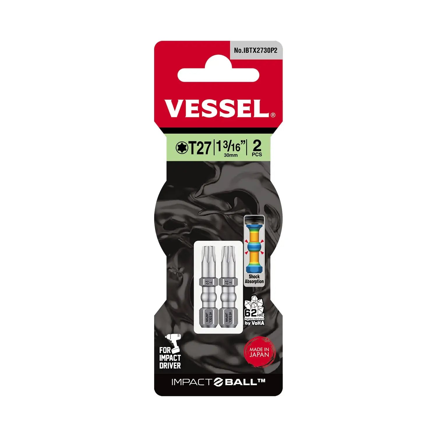 Vessel Tools Set of 2 Impact Ball Torsion Bit, T27 x 30mm - VL IBTX2730P2