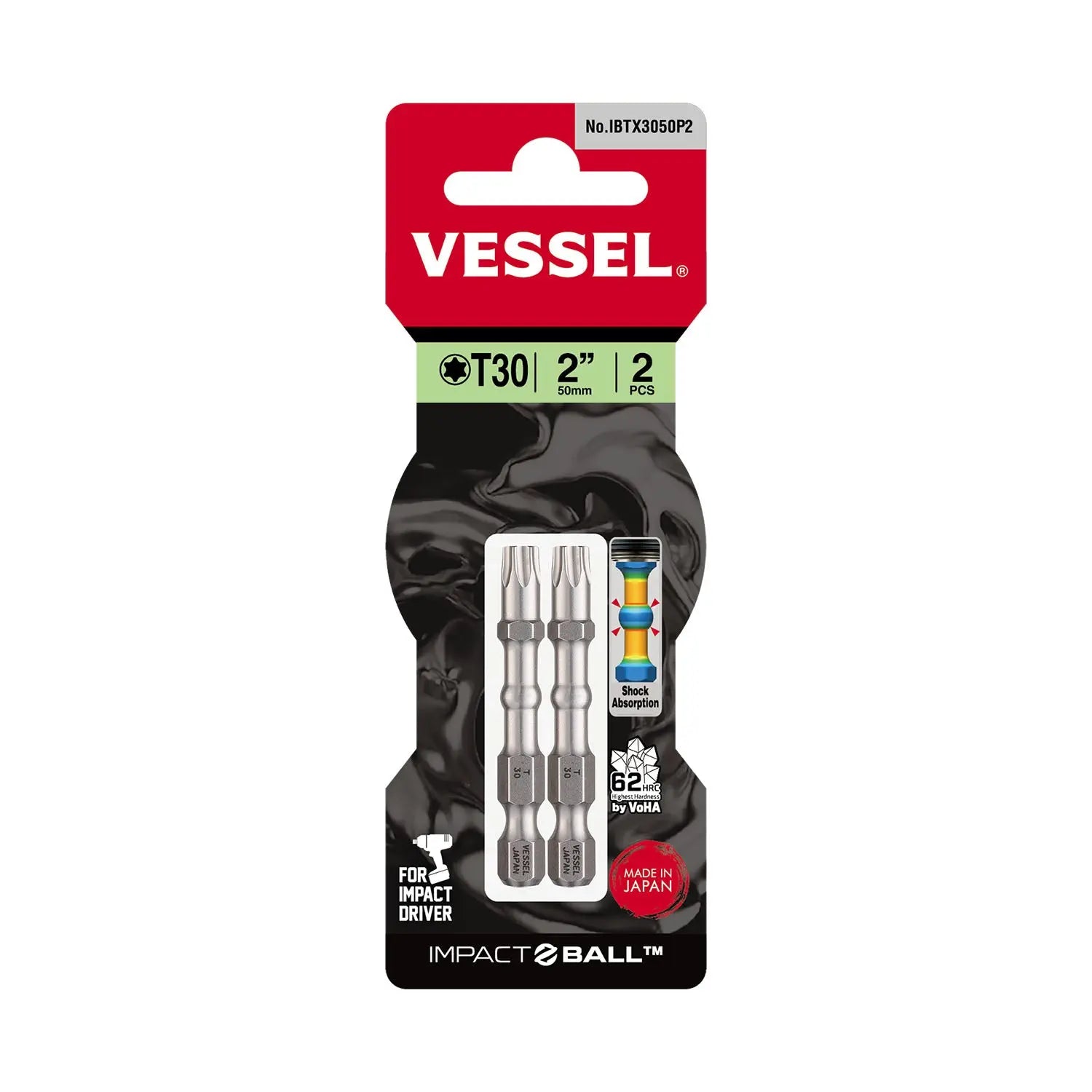 Vessel Tools Set of 2 Impact Ball Torsion Bit, T30 x 50mm - VL IBTX3050P2