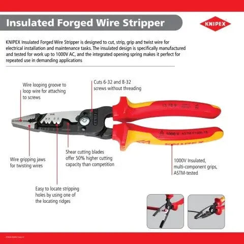 Knipex 8" Forged Wire Stripper 20-10 AWG-1000V Insulated - KN 13 78 8 SBA