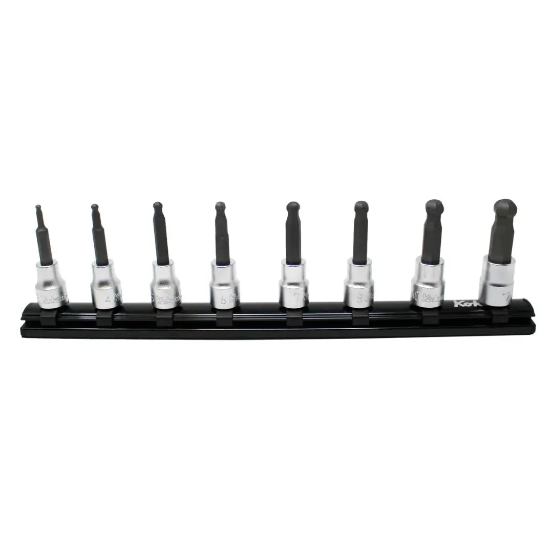 Ko-ken Tools Set of 8 3/8 in Square Drive Hexagon Ballpoint Socket with Rail, 62mm Long - KB-RS3011M.62/8