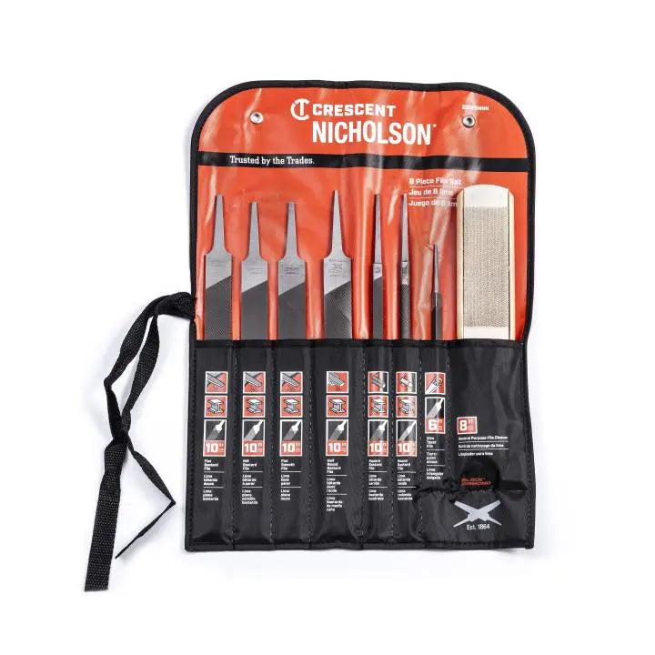 NICHOLSON Set of 8 Machinist's File with Cleaner Card, 7 in and 10 in - GW 22025NNN NICHOLSON