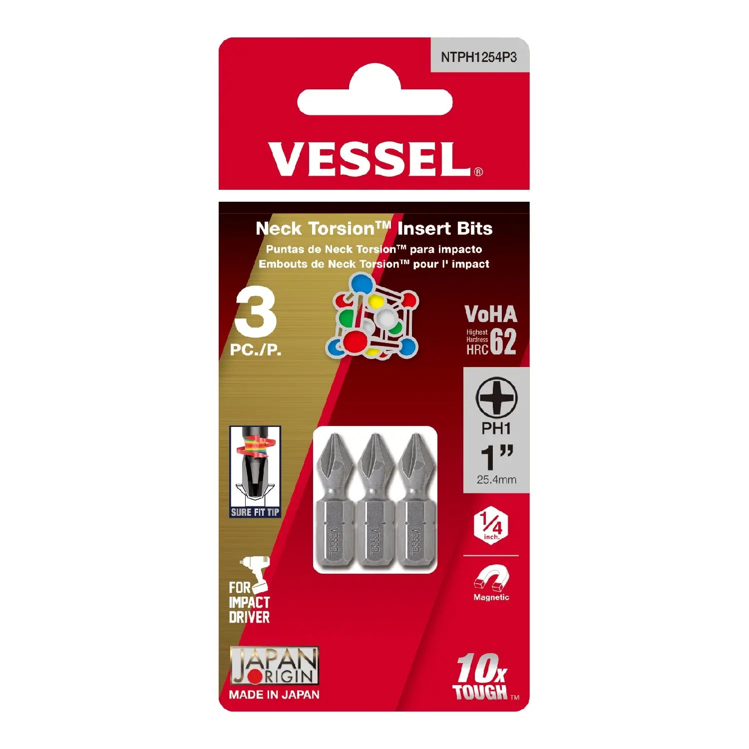 Vessel Tools Set of 3 Neck Torsion Insert Bit No. NT, PH1 x 25.4mm - VL NTPH1254P3 Vessel Tools