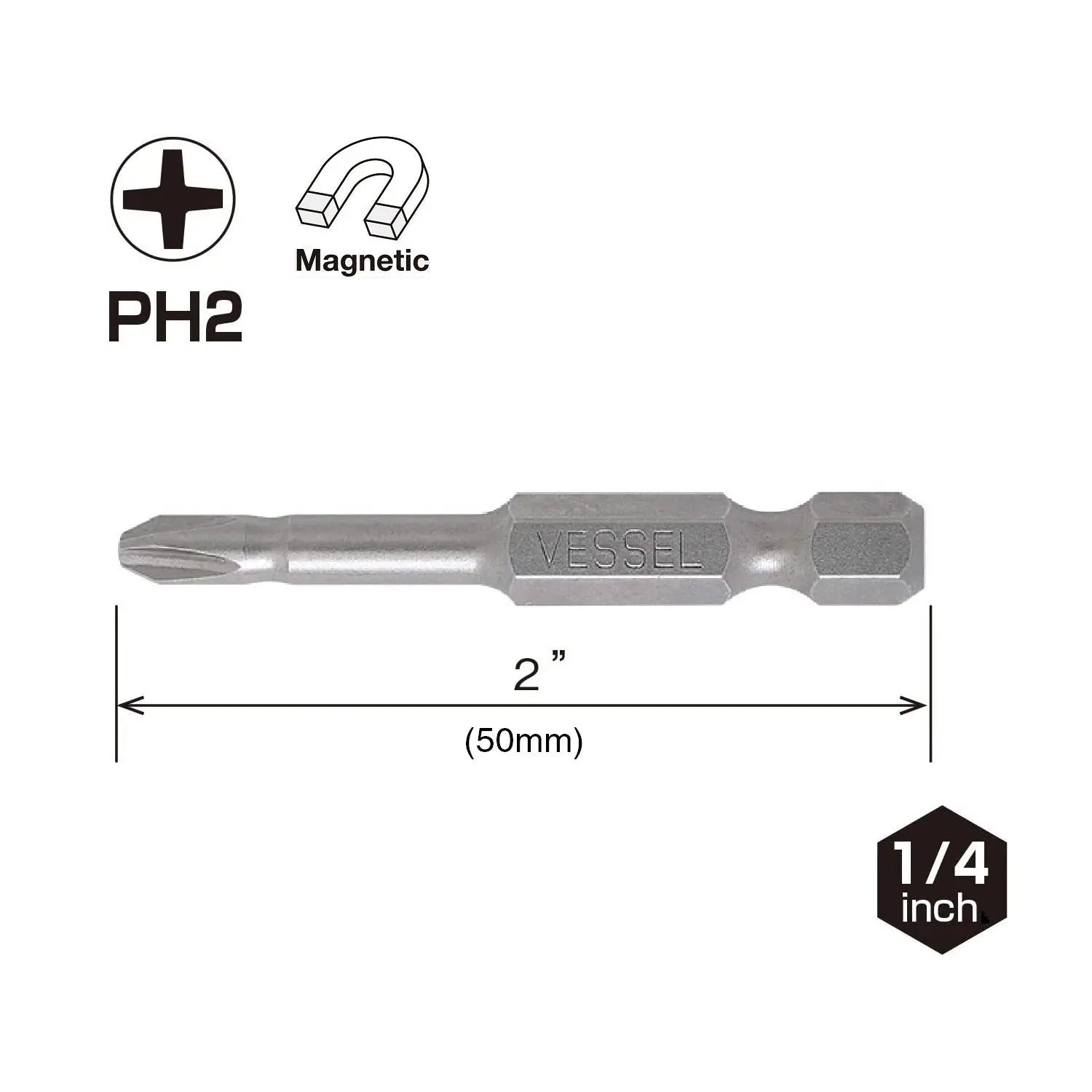 Vessel Tools Set of 25 Neck Torsion Power Bit No. NT, PH2 x 50mm - VL NTPH250P25K Vessel Tools
