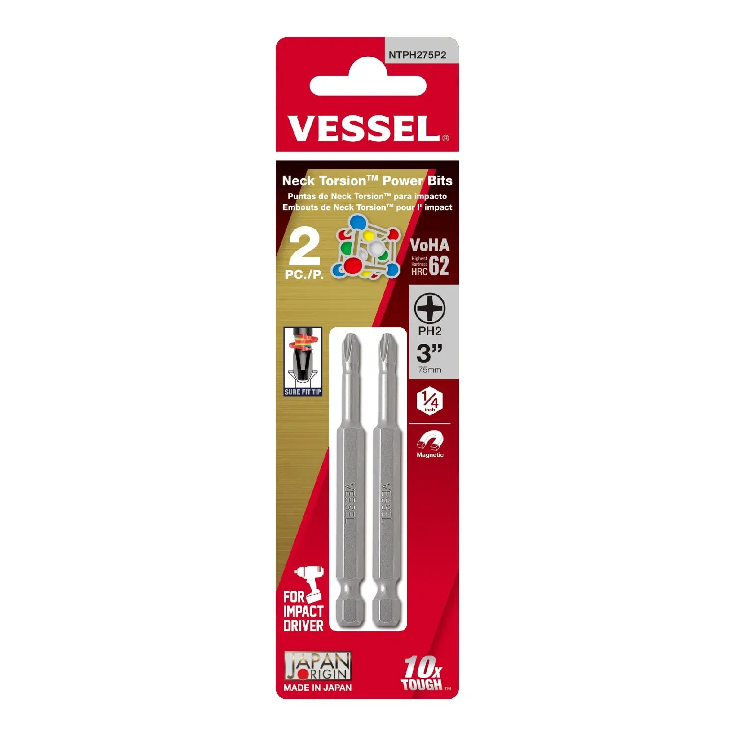 Vessel Tools Set of 2 Neck Torsion Power Bit No. NT, PH2 x 75mm - VL NTPH275P2 Vessel Tools