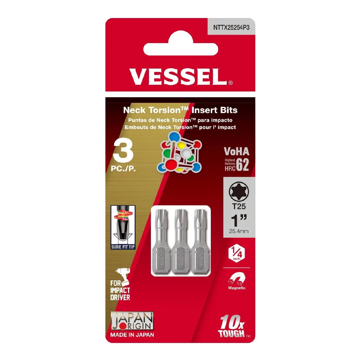 Vessel Tools Set of 3 Neck Torsion Insert Bit No. NT, T25 x 25.4mm - VL NTTX25254P3 Vessel Tools