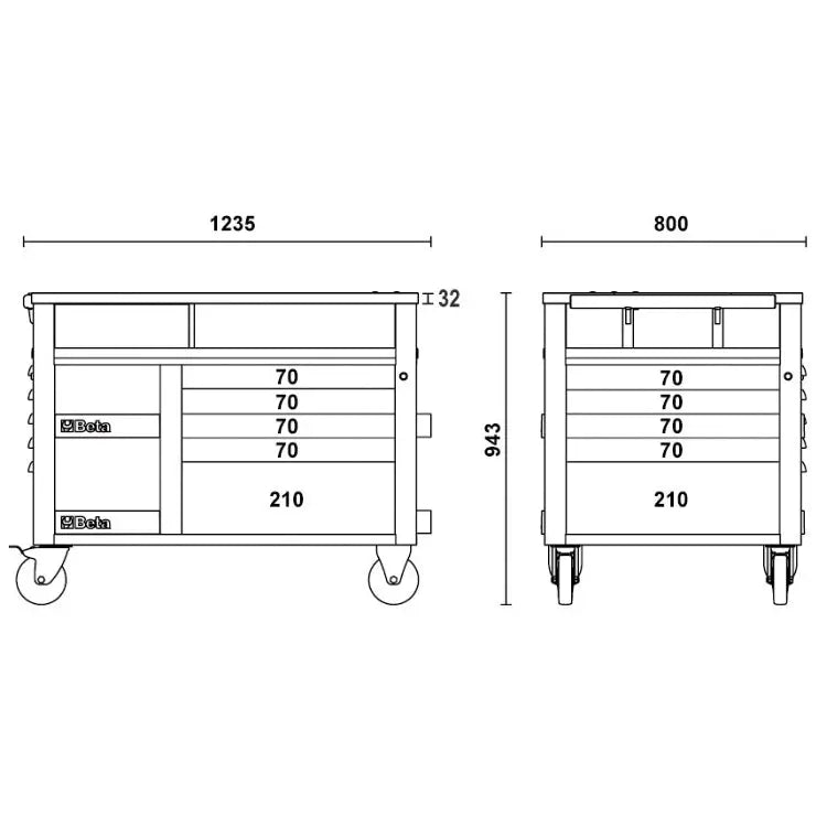 Beta Tools (Article# RSC28-A) Super Tank Rolling Tool Cabinet with Wood Worktop and 10 Drawers - Anthracite - BT 28003007 Beta Tools