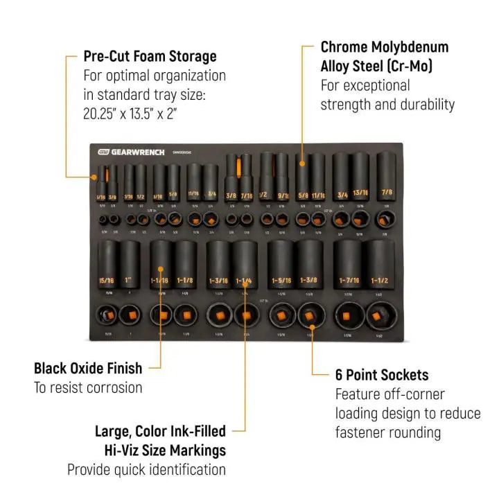 GEARWRENCH Set of 54 3/8 in and 1/2 in Drive 6 Point SAE Hi-Viz Standard and Deep Impact Socket with Foam Storage Tray - GW GWMSISKHSAE