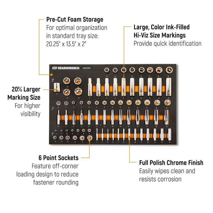 GEARWRENCH Set of 77 1/4 in, 3/8 in and 1/2 in Drive Metric Hi-Viz Socket with Foam Tray - GW GWMSSKTHMM