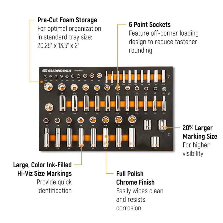 GEARWRENCH Set of 63 1/4 in, 3/8 in and 1/2 in Drive SAE Hi-Viz Socket with Foam Tray - GW GWMSSKTHSAE