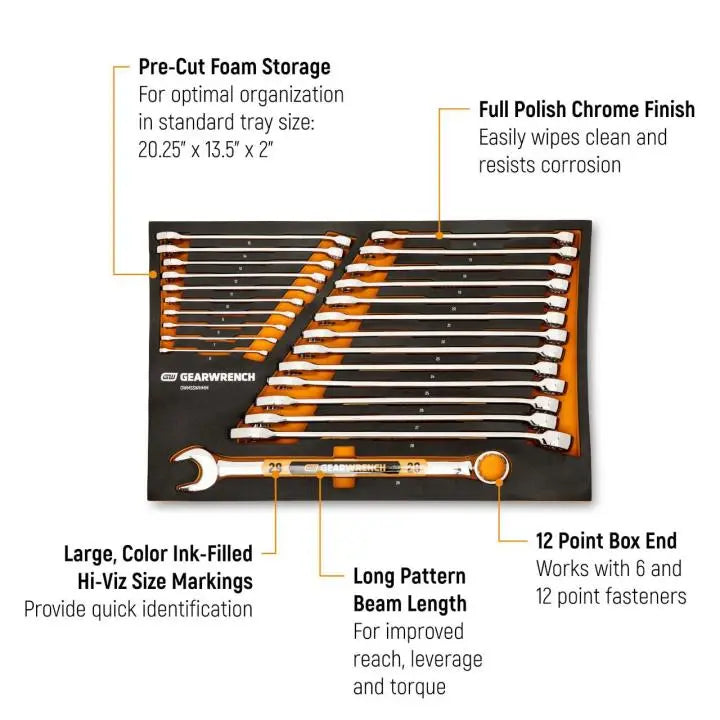 GEARWRENCH Set of 24 12 Point Long Pattern Metric Hi-Viz Combination Wrench with Foam Storage Tray - GW GWMSSWHMM