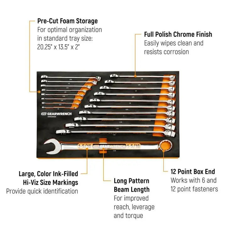 GEARWRENCH Set of 19 12 Point Long Pattern SAE Hi-Viz Combination Wrench with Foam Storage Tray - GW GWMSSWHSAE