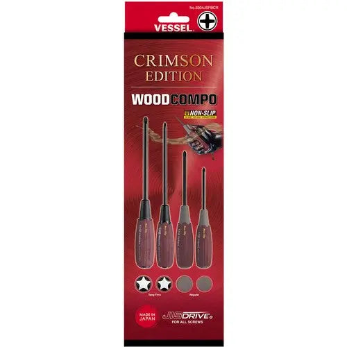 Vessel Tools WOOD-COMPO JISDRIVE Screwdriver 4PC. Set CRIMSON EDITION - VL 3304JSPBCR Vessel Tools