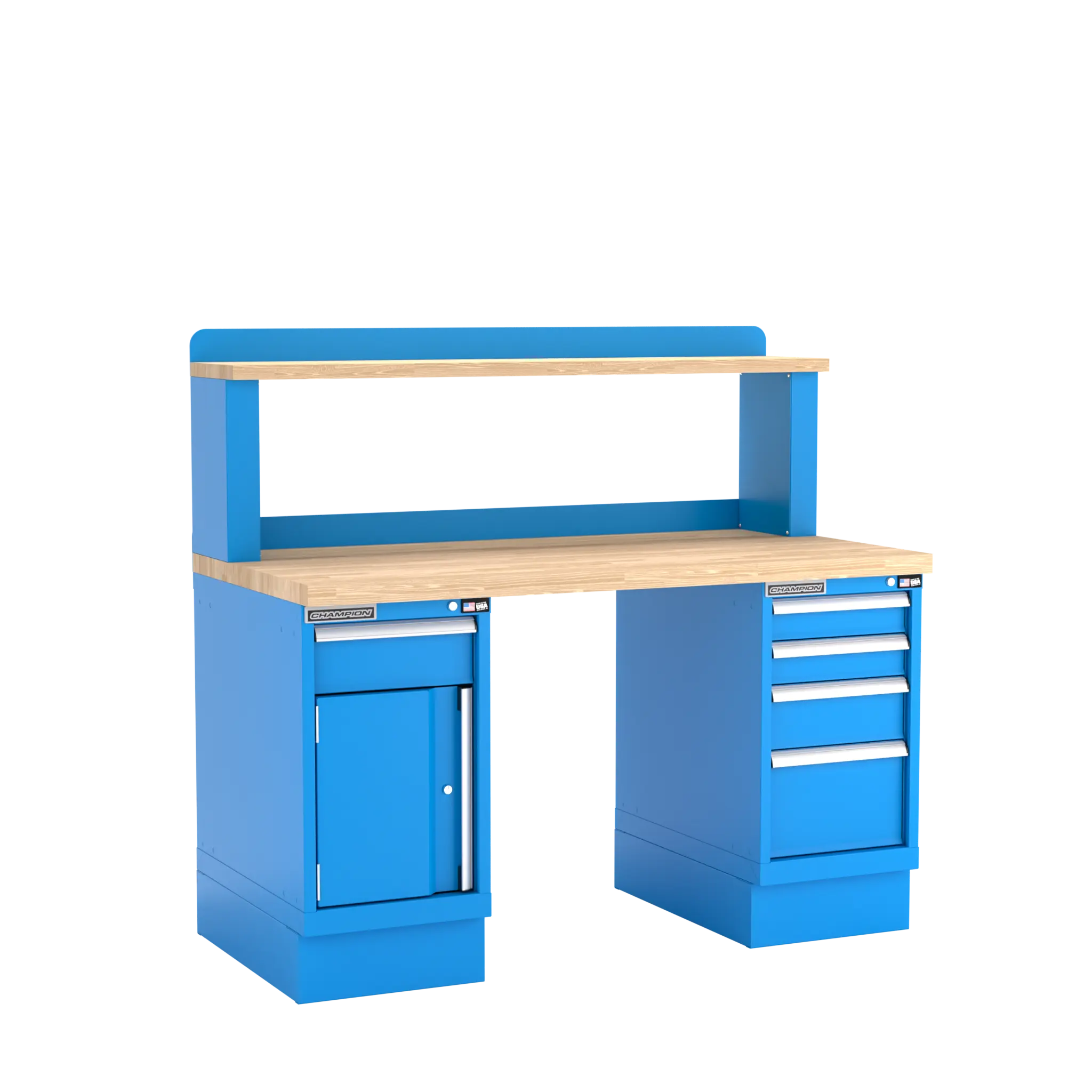 Champion Tool Industrial Workbench with Two Preconfigured 1-Drawer/Door Cabinets and Riser Shelf, 60 W x 35-1/4 H x 30 D in - CM WB401-B6030 Champion Tool Storage