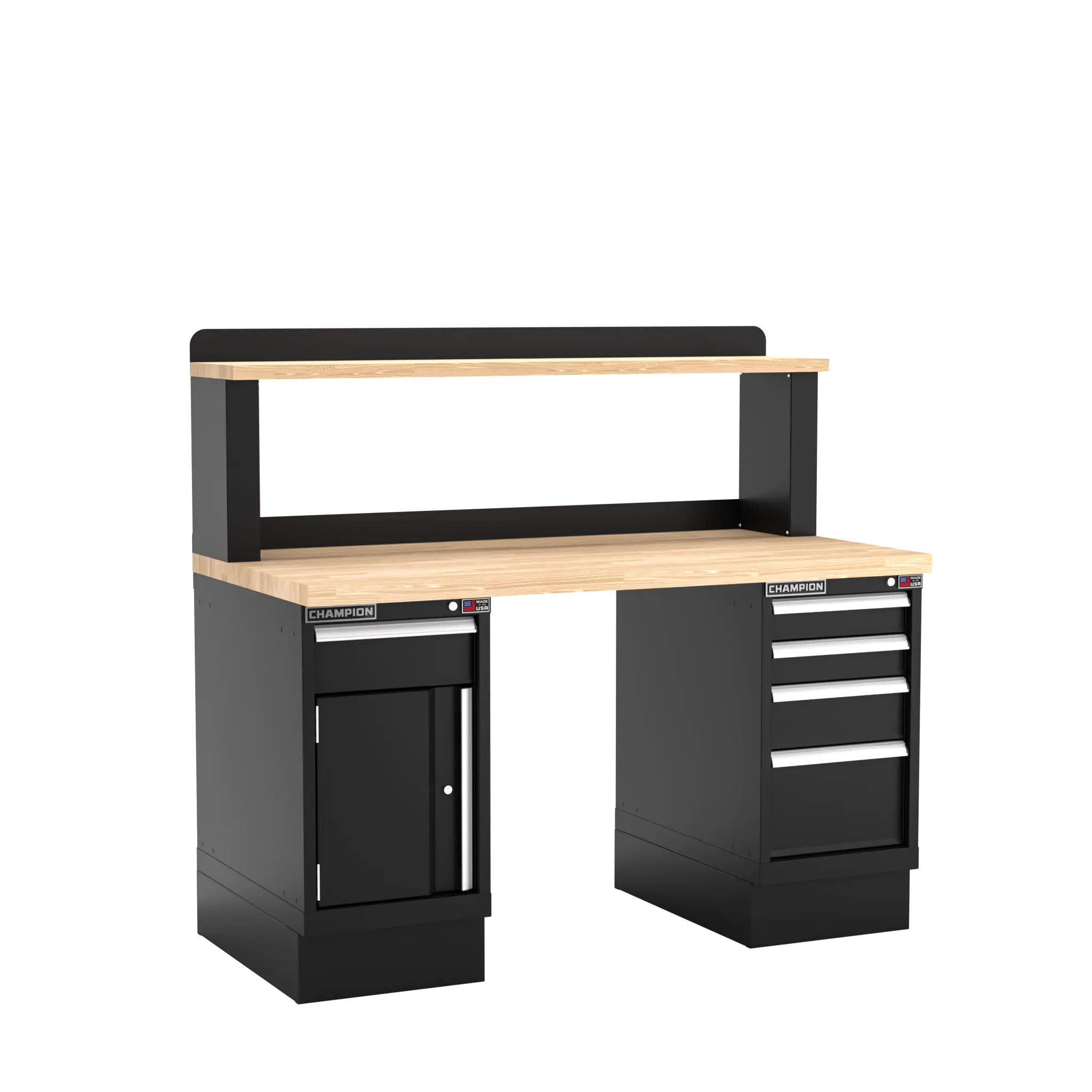Champion Tool Industrial Workbench with Two Preconfigured 1-Drawer/Door Cabinets and Riser Shelf, 60 W x 35-1/4 H x 30 D in - CM WB401-B6030 Champion Tool Storage