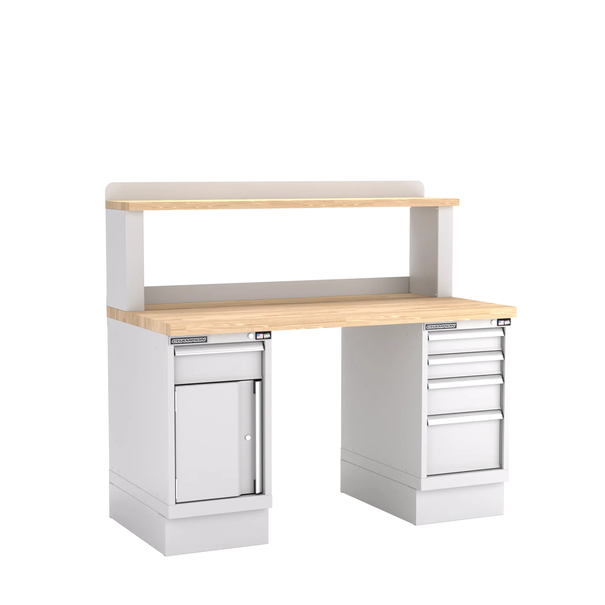 Champion Tool Industrial Workbench with Two Preconfigured 1-Drawer/Door Cabinets and Riser Shelf, 60 W x 35-1/4 H x 30 D in - CM WB401-B6030 Champion Tool Storage