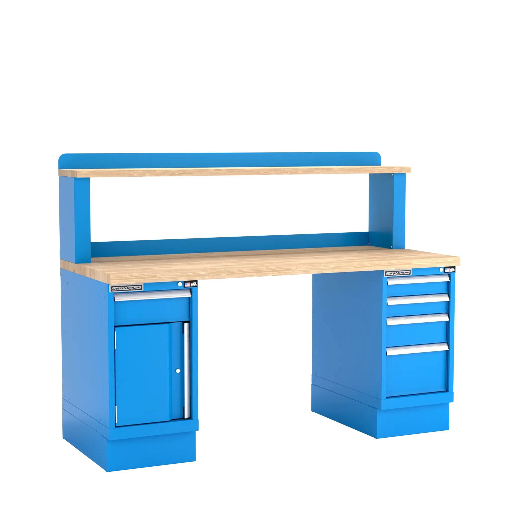 Champion Tool Industrial Workbench with Two Preconfigured 1-Drawer/Door Cabinets and Riser Shelf, 72 W x 35-1/4 H x 30 D in - CM WB401-B7230 Champion Tool Storage