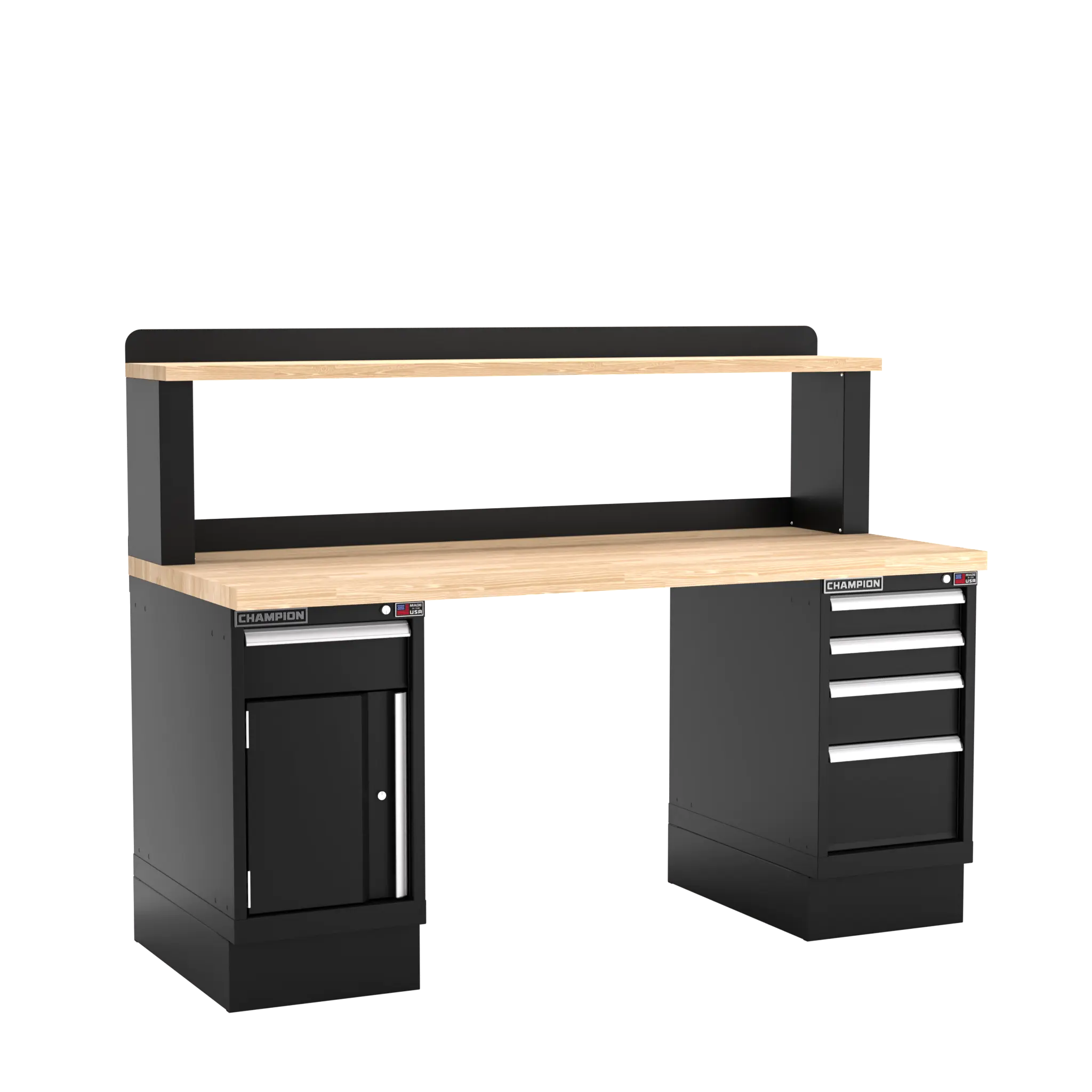 Champion Tool Industrial Workbench with Two Preconfigured 1-Drawer/Door Cabinets and Riser Shelf, 72 W x 35-1/4 H x 30 D in - CM WB401-B7230 Champion Tool Storage