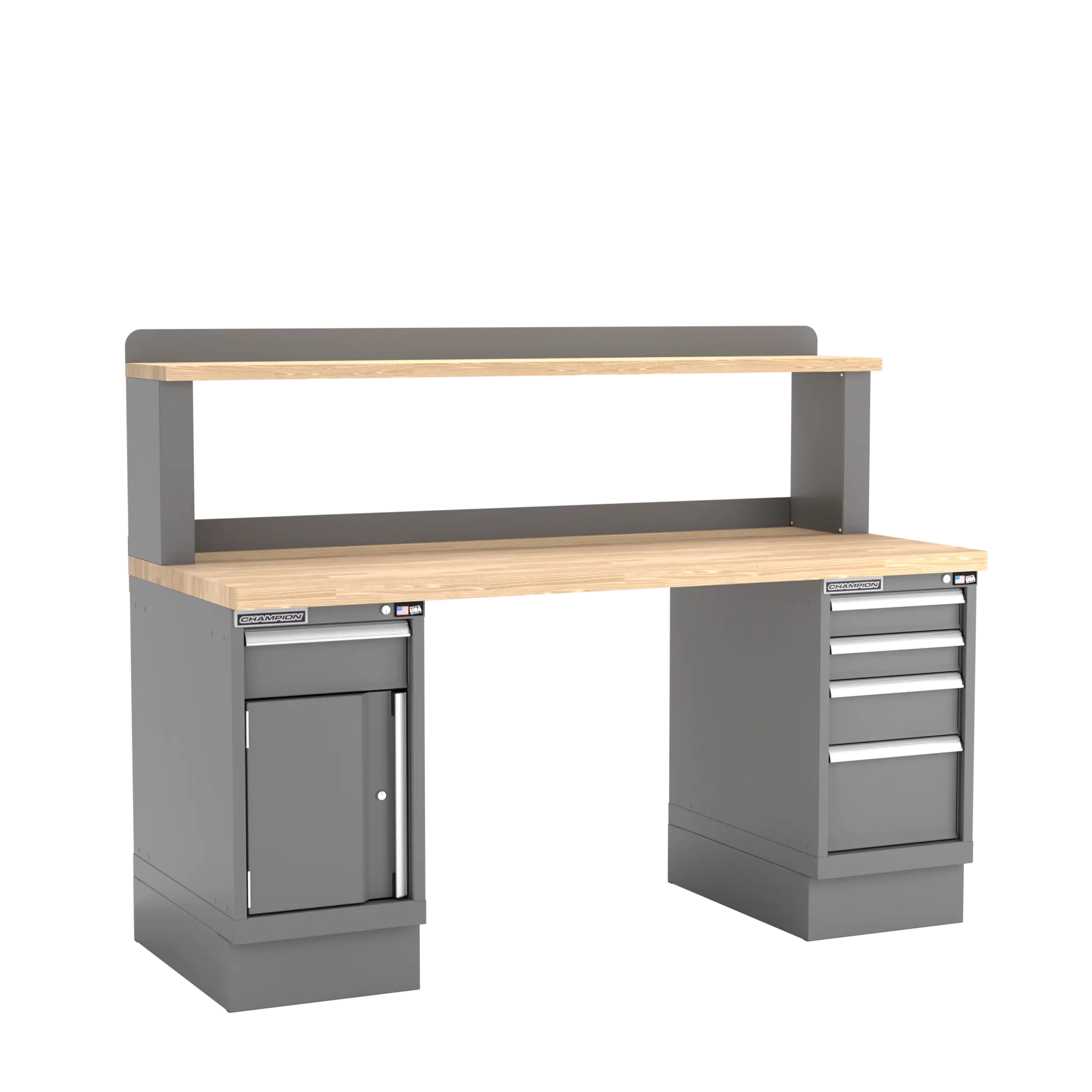 Champion Tool Industrial Workbench with Two Preconfigured 1-Drawer/Door Cabinets and Riser Shelf, 72 W x 35-1/4 H x 30 D in - CM WB401-B7230 Champion Tool Storage