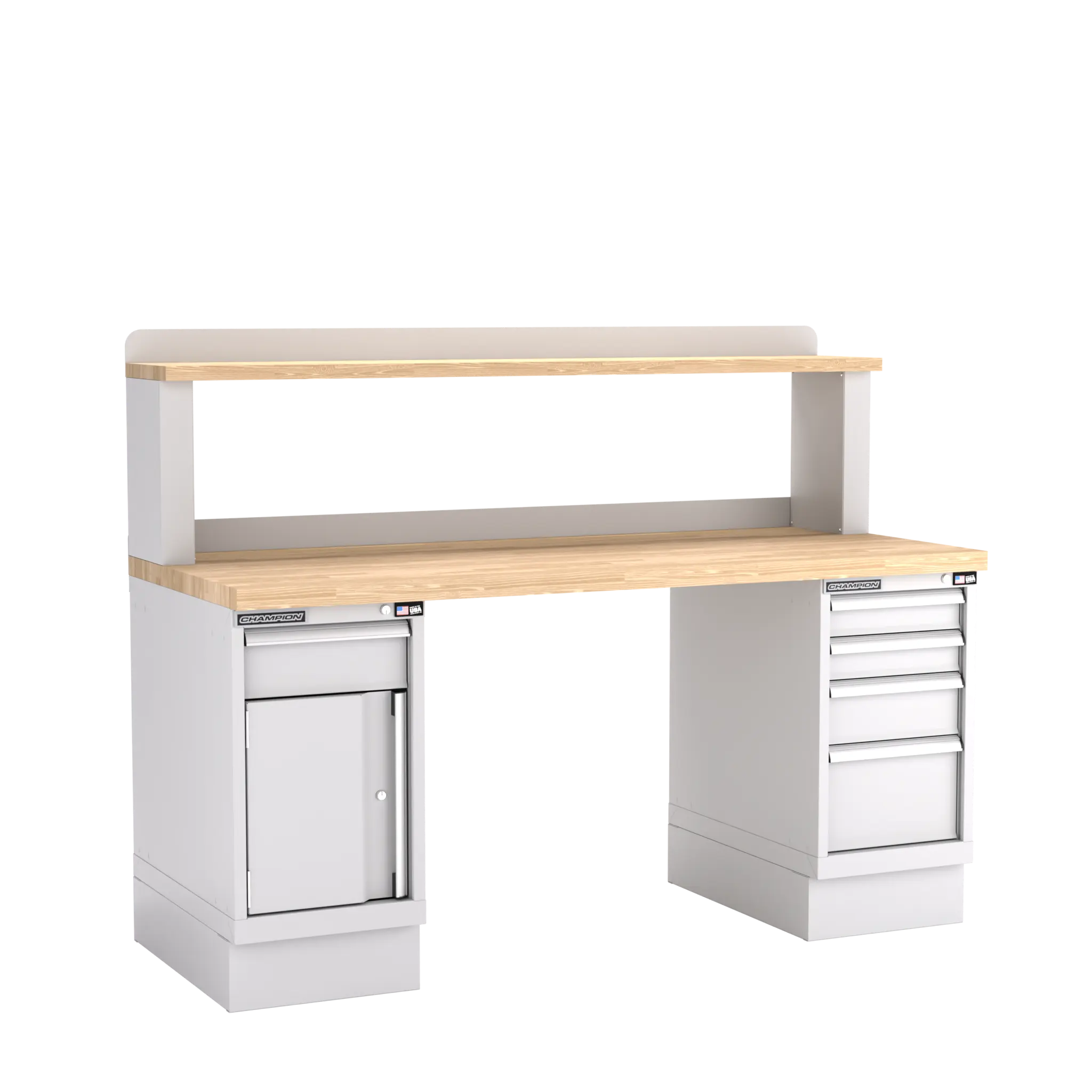 Champion Tool Industrial Workbench with Two Preconfigured 1-Drawer/Door Cabinets and Riser Shelf, 72 W x 35-1/4 H x 30 D in - CM WB401-B7230 Champion Tool Storage