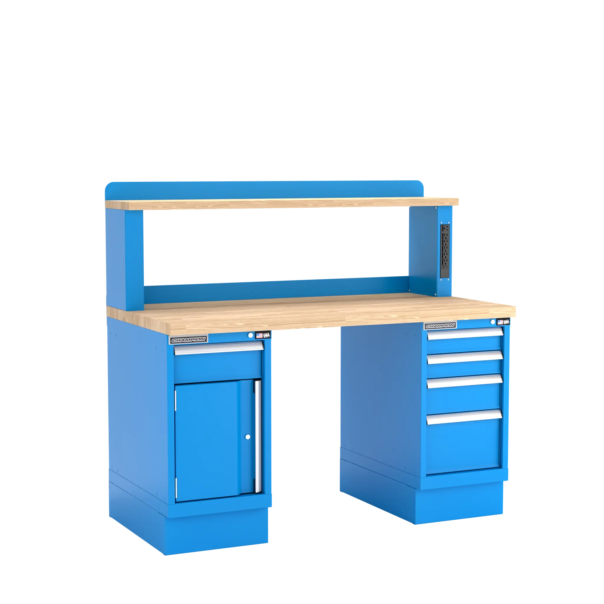 Champion Tool Industrial Workbench with Two Preconfigured 1-Drawer/Door Cabinets and Power Riser Shelf, 60 W x 35-1/4 H x 30 D in - CM WB402-B6030 Champion Tool Storage