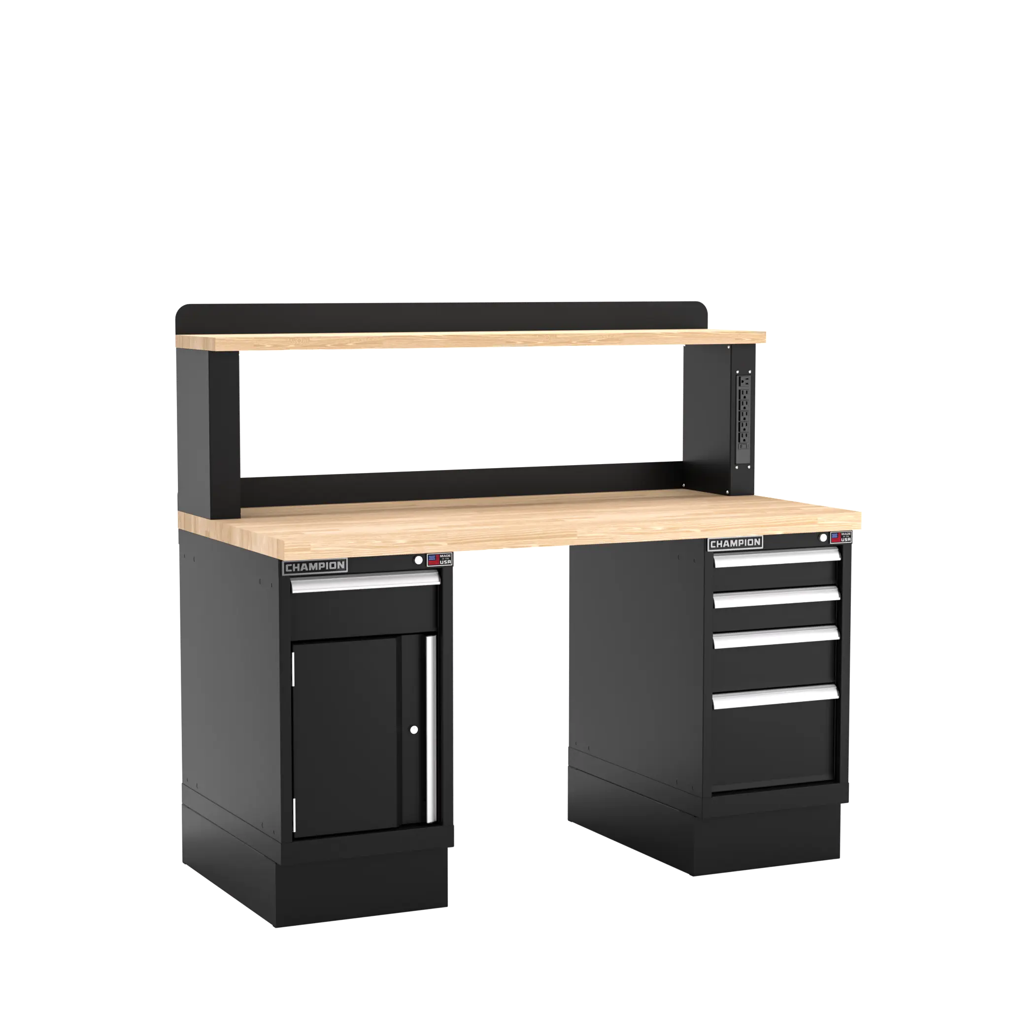 Champion Tool Industrial Workbench with Two Preconfigured 1-Drawer/Door Cabinets and Power Riser Shelf, 60 W x 35-1/4 H x 30 D in - CM WB402-B6030 Champion Tool Storage