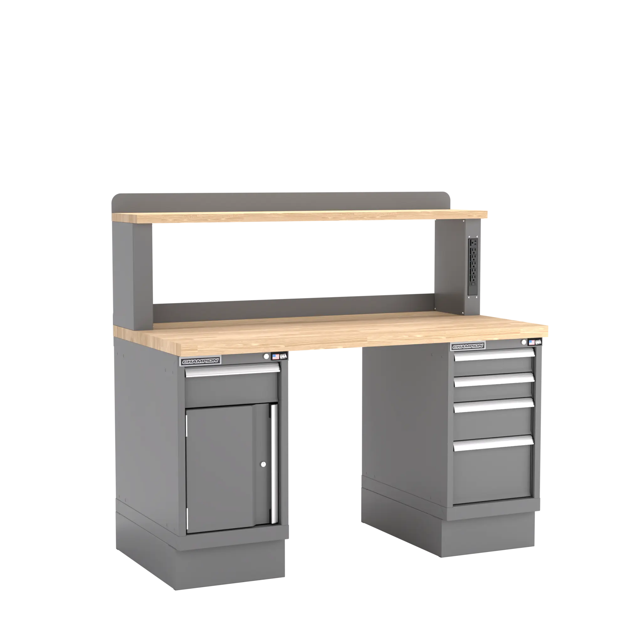 Champion Tool Industrial Workbench with Two Preconfigured 1-Drawer/Door Cabinets and Power Riser Shelf, 60 W x 35-1/4 H x 30 D in - CM WB402-B6030 Champion Tool Storage
