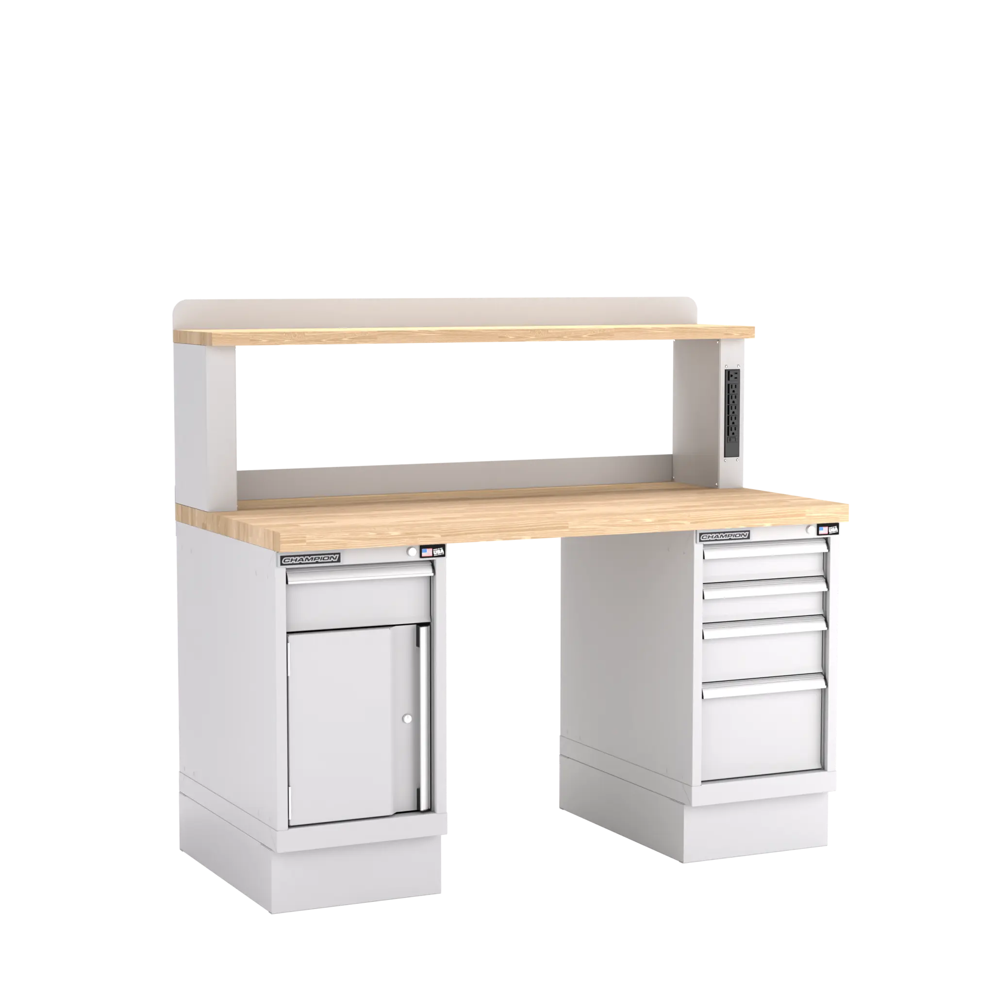 Champion Tool Industrial Workbench with Two Preconfigured 1-Drawer/Door Cabinets and Power Riser Shelf, 60 W x 35-1/4 H x 30 D in - CM WB402-B6030 Champion Tool Storage