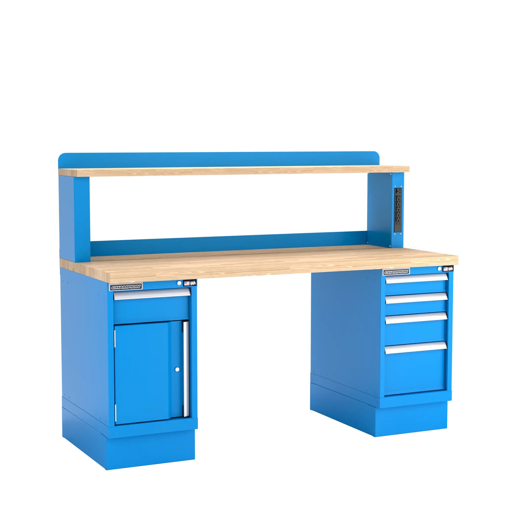 Champion Tool Industrial Workbench with Two Preconfigured 1-Drawer/Door Cabinets and Power Riser Shelf, 72 W x 35-1/4 H x 30 D in - CM WB402-B7230 Champion Tool Storage
