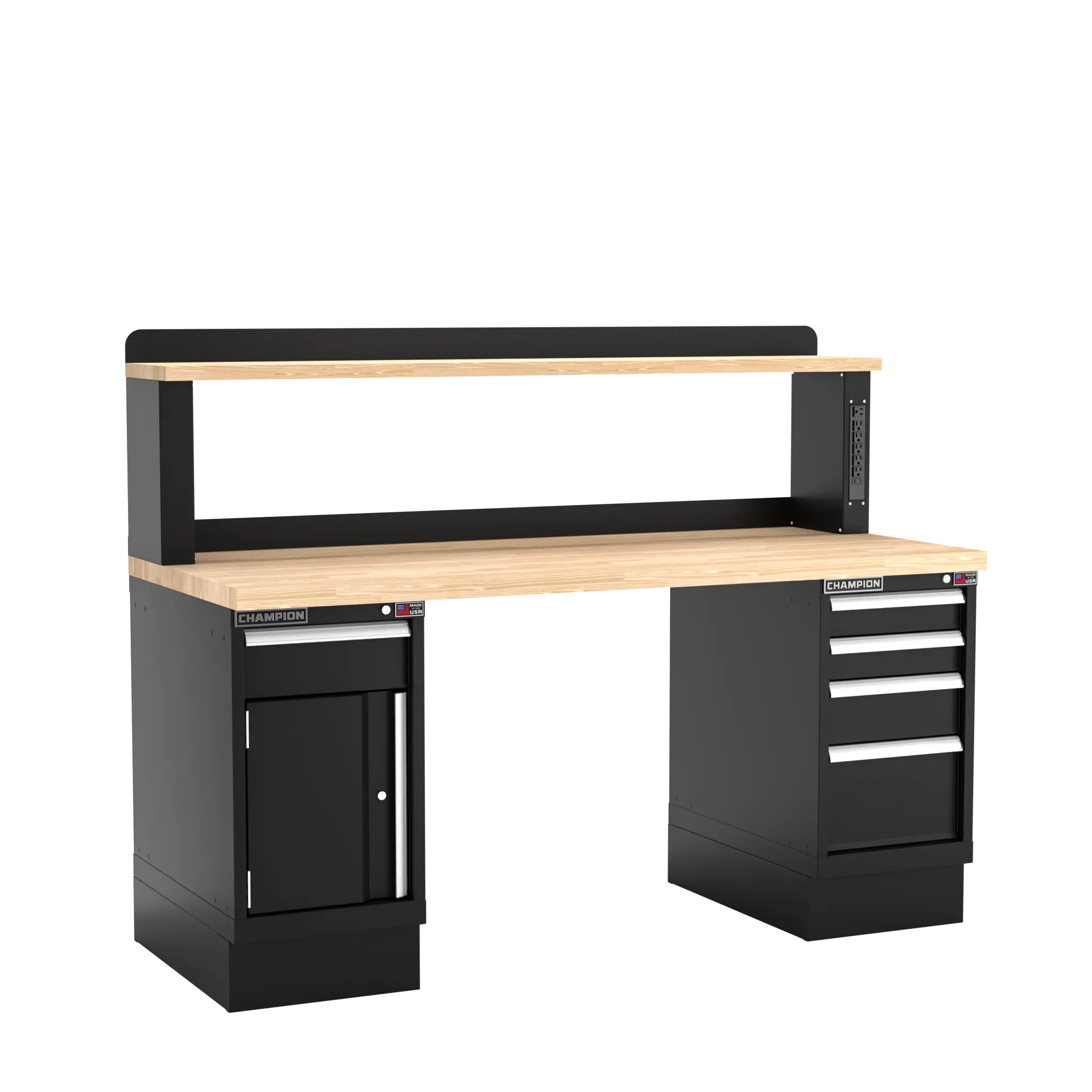 Champion Tool Industrial Workbench with Two Preconfigured 1-Drawer/Door Cabinets and Power Riser Shelf, 72 W x 35-1/4 H x 30 D in - CM WB402-B7230 Champion Tool Storage