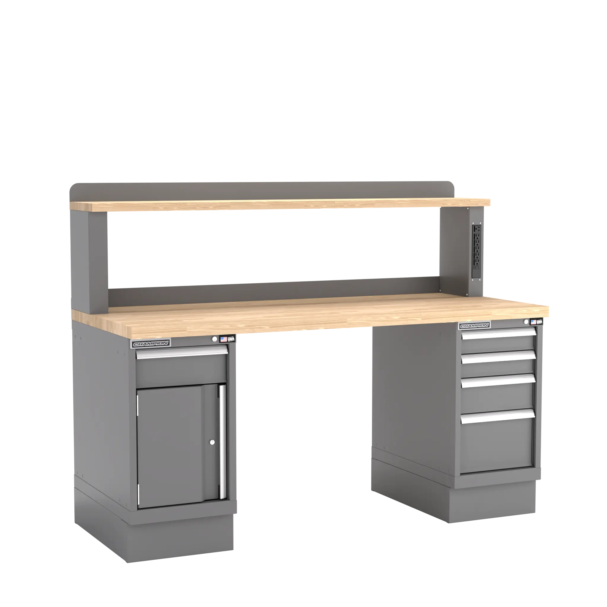 Champion Tool Industrial Workbench with Two Preconfigured 1-Drawer/Door Cabinets and Power Riser Shelf, 72 W x 35-1/4 H x 30 D in - CM WB402-B7230 Champion Tool Storage