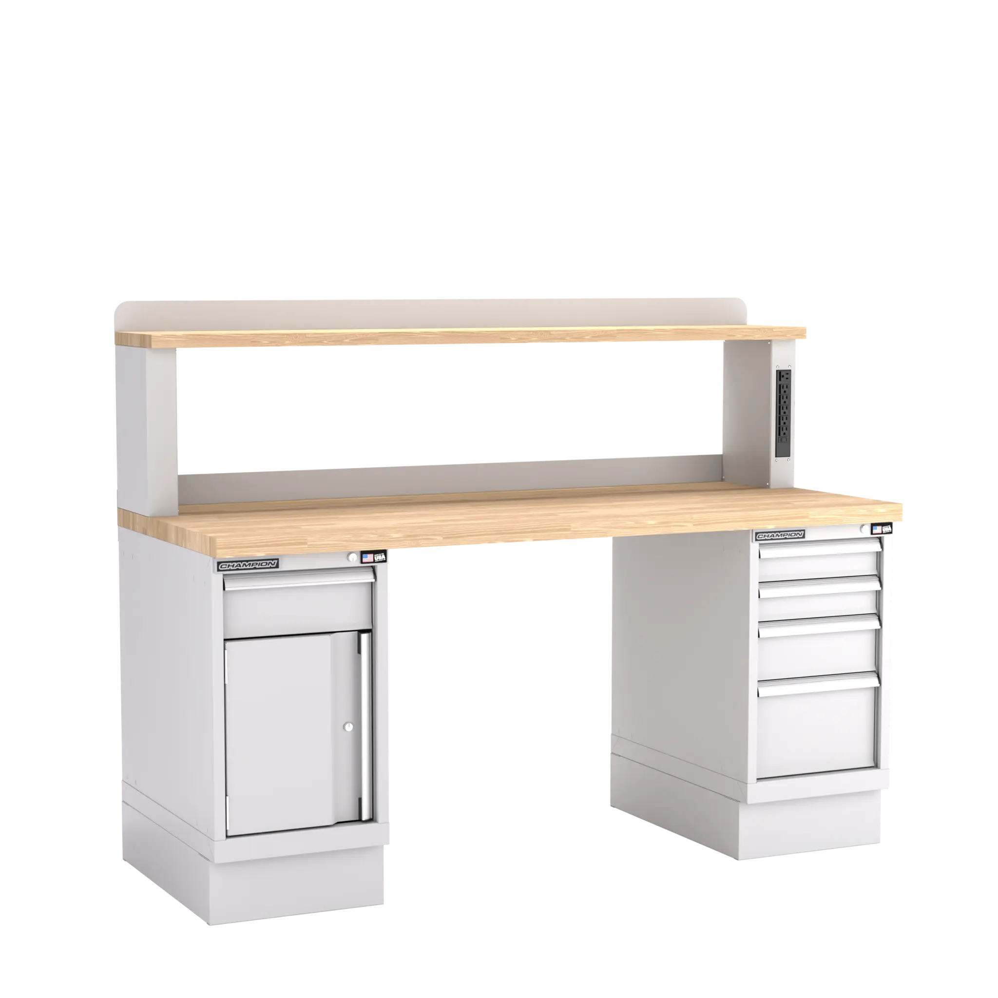 Champion Tool Industrial Workbench with Two Preconfigured 1-Drawer/Door Cabinets and Power Riser Shelf, 72 W x 35-1/4 H x 30 D in - CM WB402-B7230 Champion Tool Storage