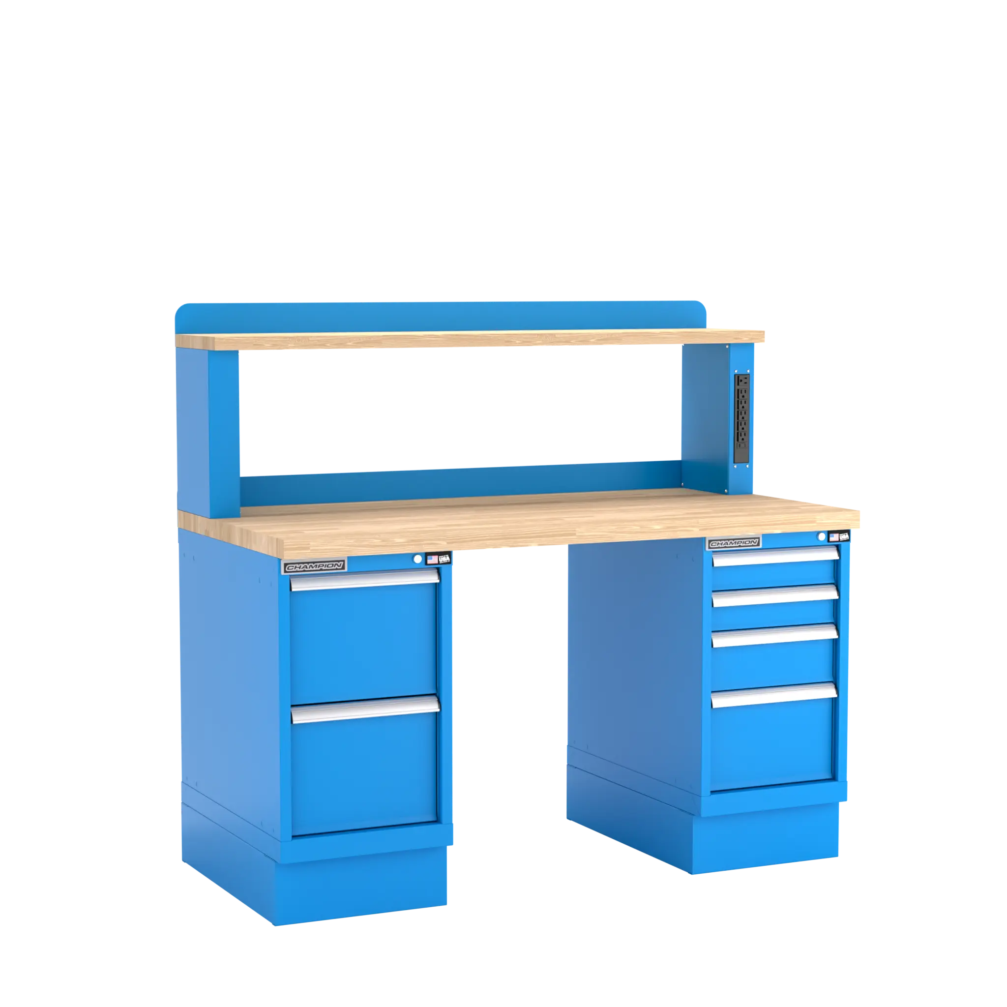 Champion Tool Industrial Workbench with Two Preconfigured 6-Drawer Cabinets and Power Riser Shelf, 60 W x 35-1/4 H x 30 D in - CM WB502-B6030 Champion Tool Storage