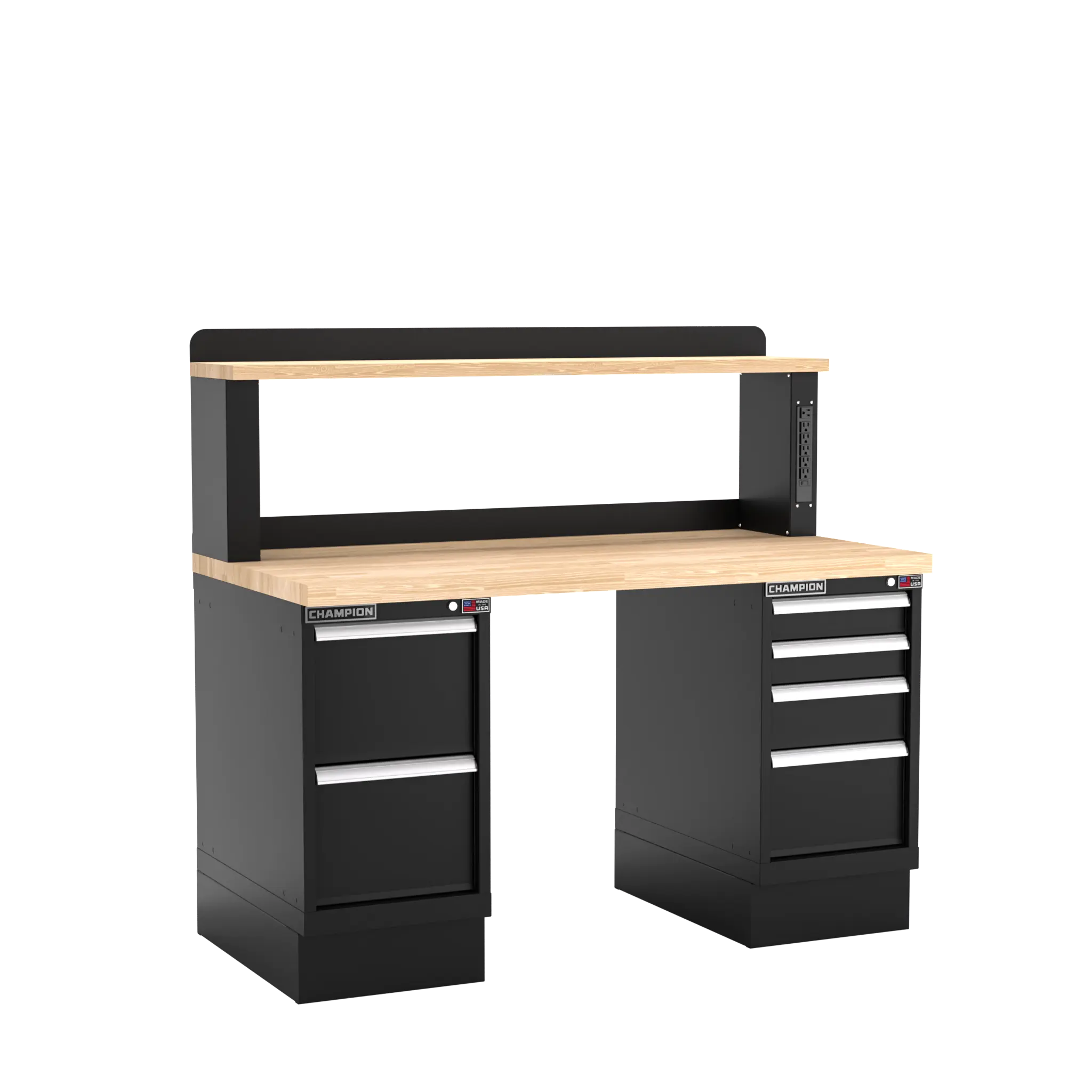 Champion Tool Industrial Workbench with Two Preconfigured 6-Drawer Cabinets and Power Riser Shelf, 60 W x 35-1/4 H x 30 D in - CM WB502-B6030 Champion Tool Storage