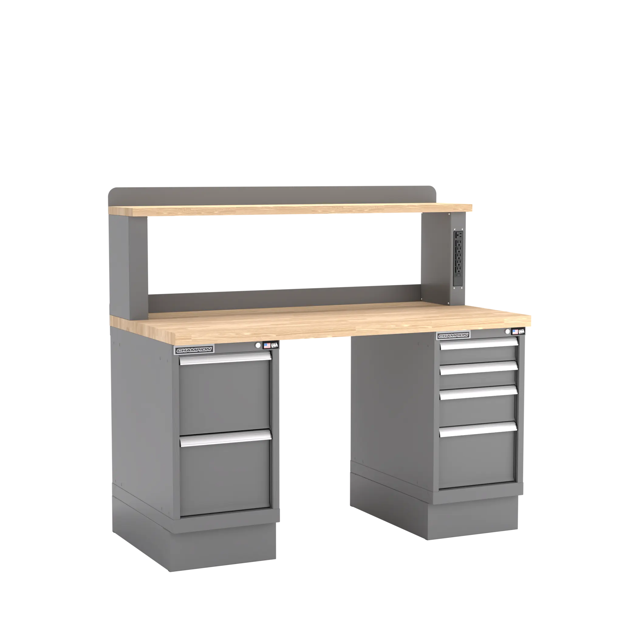 Champion Tool Industrial Workbench with Two Preconfigured 6-Drawer Cabinets and Power Riser Shelf, 60 W x 35-1/4 H x 30 D in - CM WB502-B6030 Champion Tool Storage