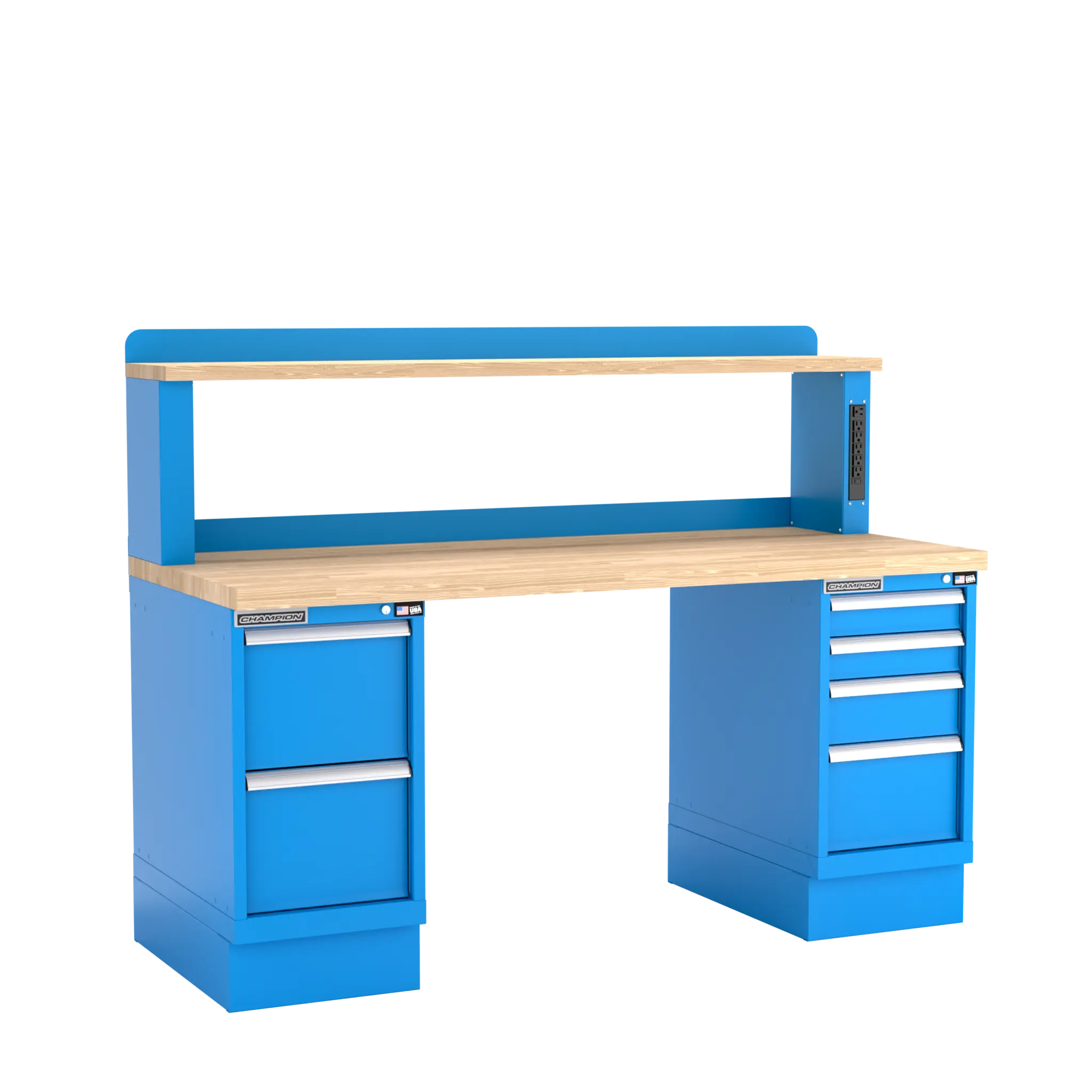 Champion Tool Industrial Workbench with Two Preconfigured 6-Drawer Cabinets and Power Riser Shelf, 72 W x 35-1/4 H x 30 D in - CM WB502-B7230 Champion Tool Storage