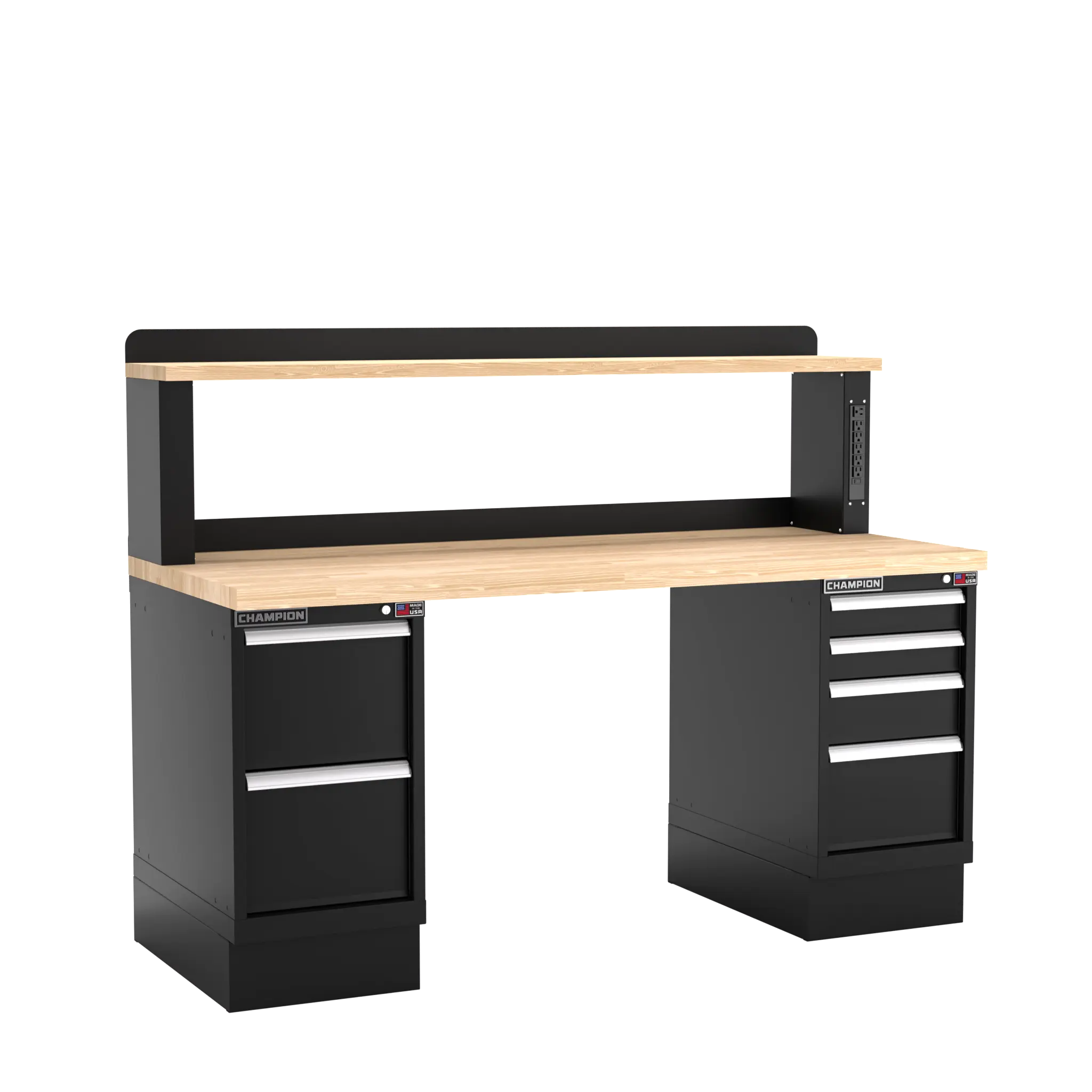Champion Tool Industrial Workbench with Two Preconfigured 6-Drawer Cabinets and Power Riser Shelf, 72 W x 35-1/4 H x 30 D in - CM WB502-B7230 Champion Tool Storage