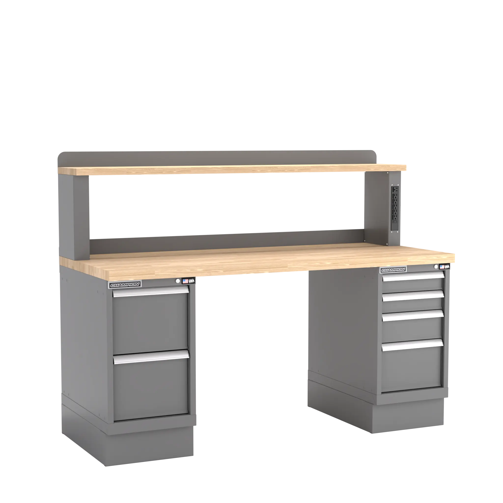 Champion Tool Industrial Workbench with Two Preconfigured 6-Drawer Cabinets and Power Riser Shelf, 72 W x 35-1/4 H x 30 D in - CM WB502-B7230 Champion Tool Storage