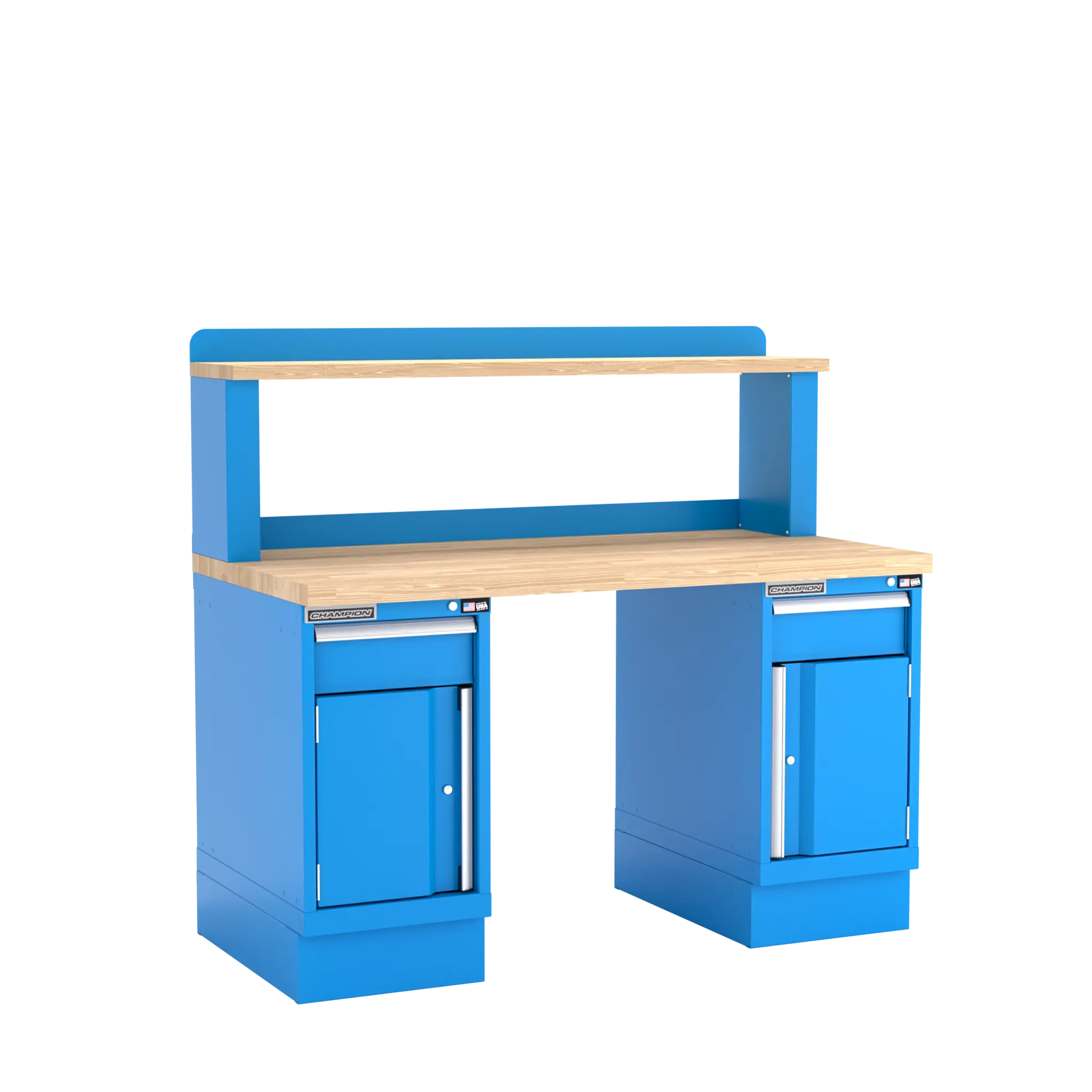 Champion Tool Industrial Workbench with Two Preconfigured 2-Drawer/Door Cabinets and Riser Shelf, 60 W x 35-1/4 H x 30 D in - CM WB701-B6030 Champion Tool Storage