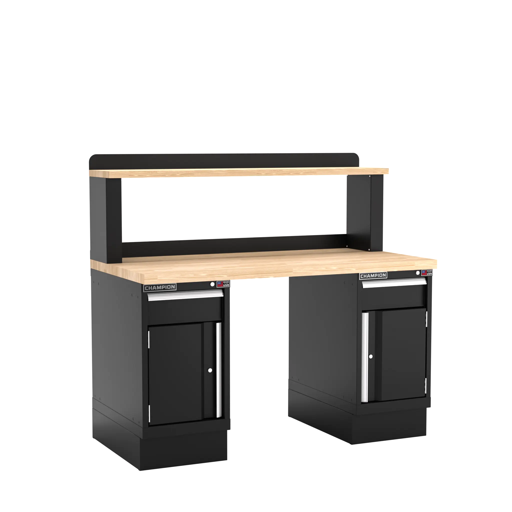 Champion Tool Industrial Workbench with Two Preconfigured 2-Drawer/Door Cabinets and Riser Shelf, 60 W x 35-1/4 H x 30 D in - CM WB701-B6030 Champion Tool Storage